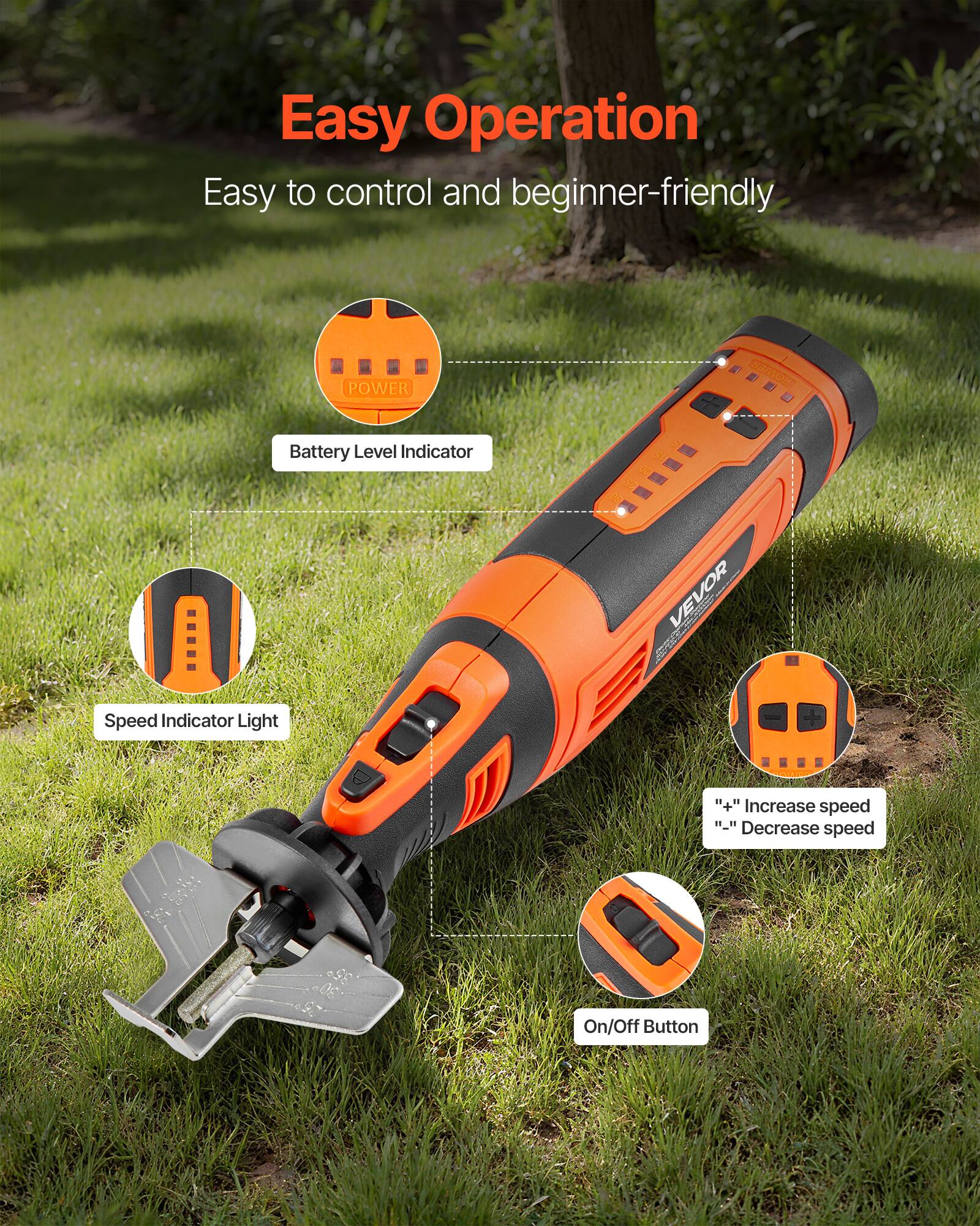 Easy Operation  
Easy to control and beginner-friendly  

- POWER Battery Level Indicator  
- Speed Indicator Light  
- "+" Increase speed  
- "-" Decrease speed  
- On/Off Button