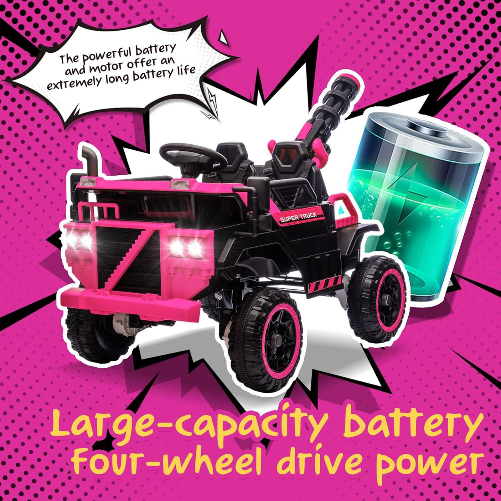 The powerful battery and motor offer an extremely long battery life.

Large-capacity battery four-wheel drive power.