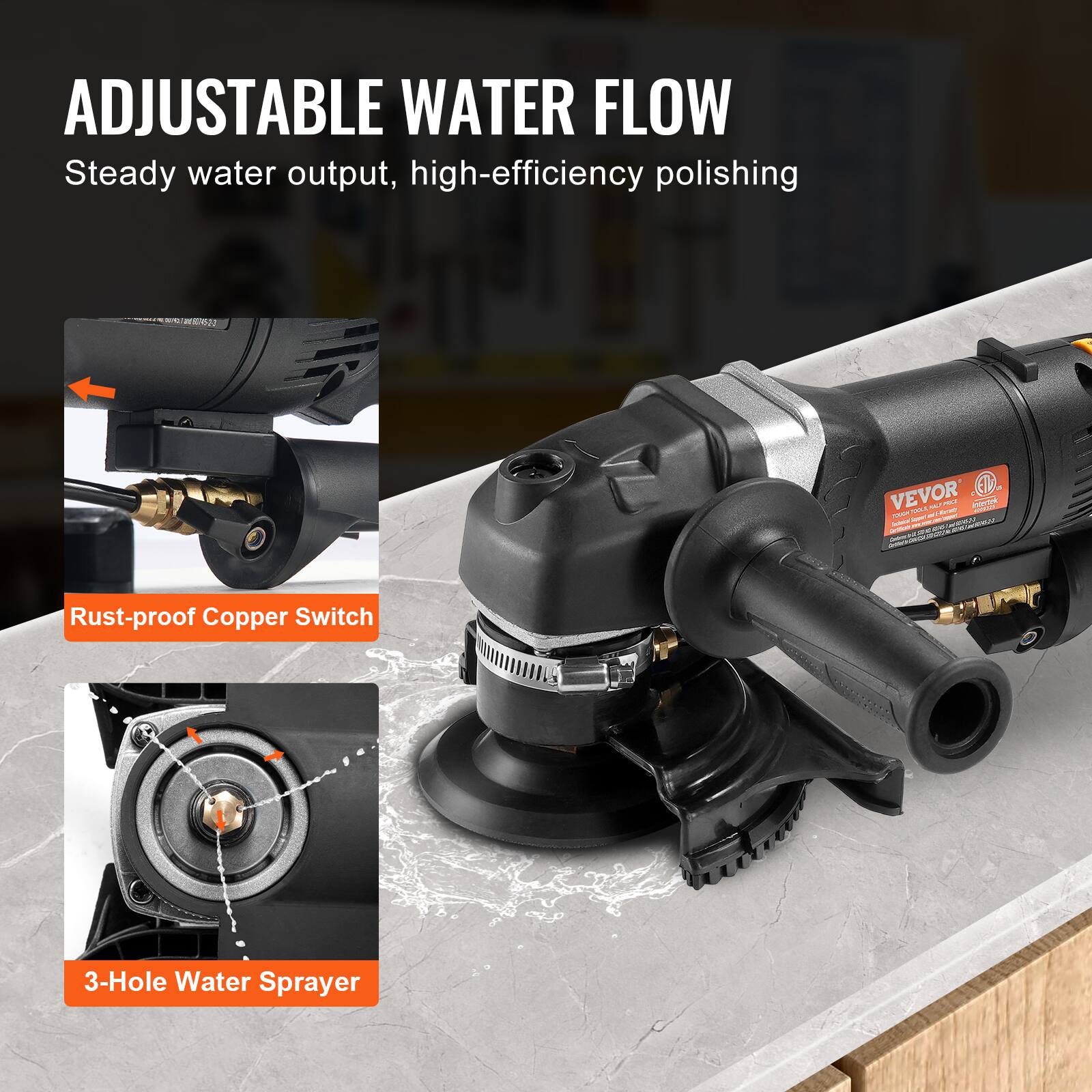 ADJUSTABLE WATER FLOW  
Steady water output, high-efficiency polishing

Rust-proof Copper Switch

3-Hole Water Sprayer