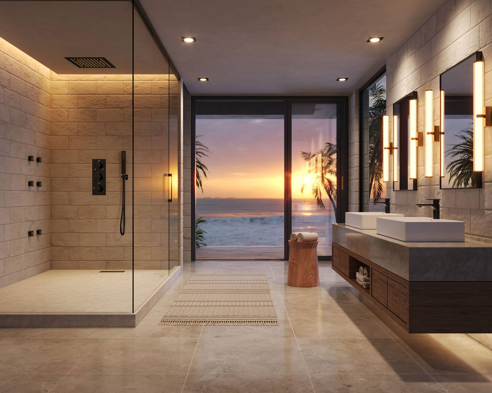 Alt View 7. GRANDJOY - Multifunction thermostatic Shower System with LED Rainfall Head, Handheld Spray & 6 Body Jets  - Matte Black.