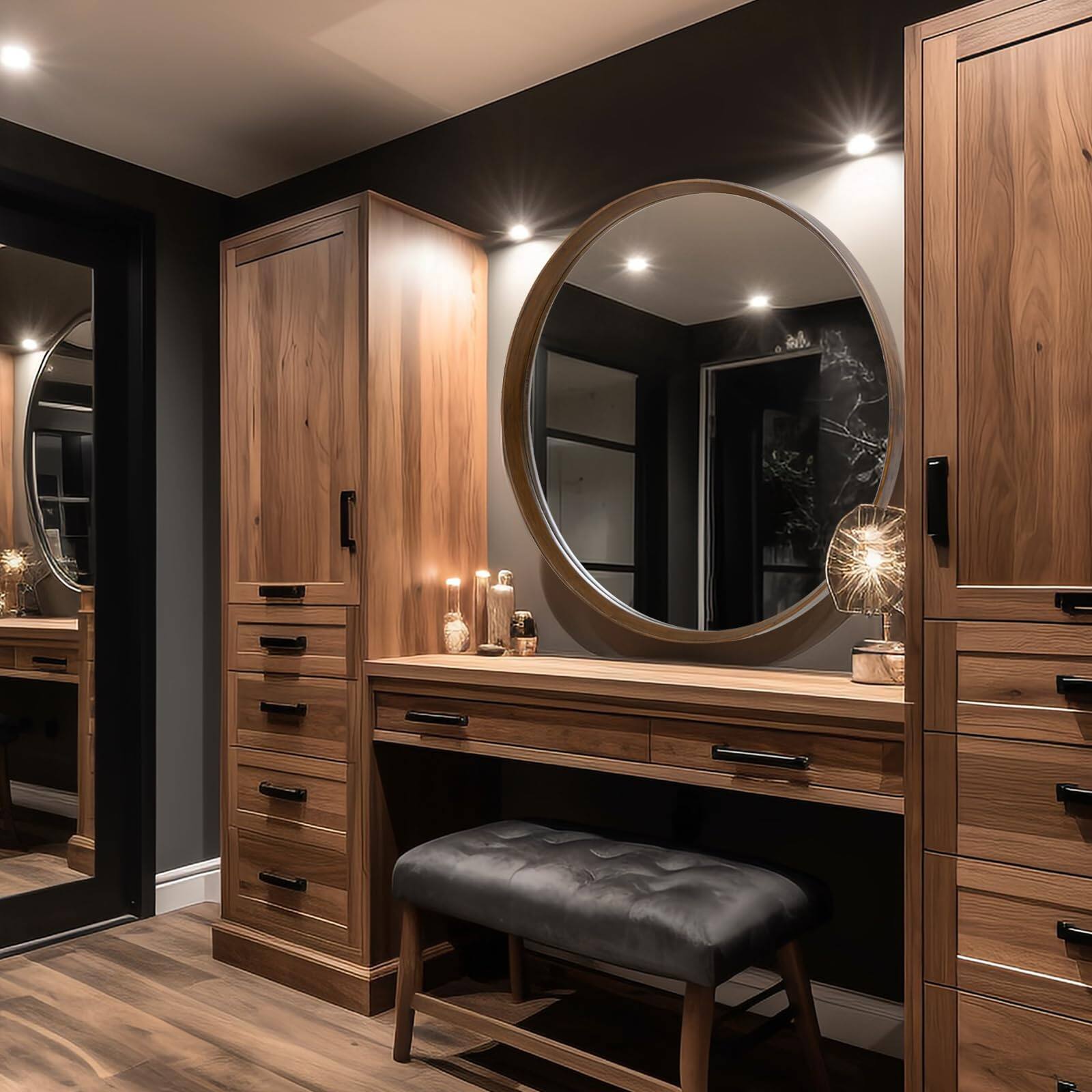 Alt View 3. Cedar Assembly - Round Wood Frame Mirror Wall Circle For Bathroom And Decor - Amazing Mirror: The frame is made of solid - Natural-24"L x 24"W.