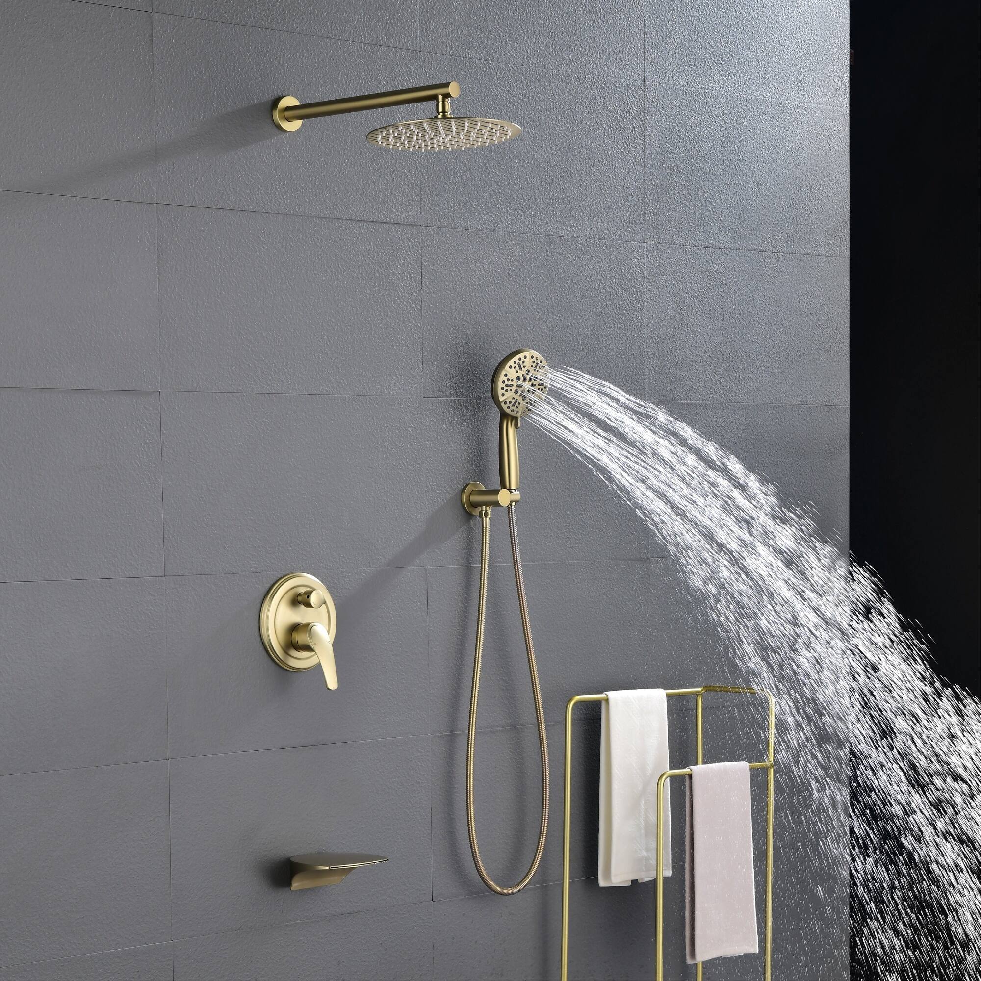 Alt View 2. Boyel Living - Brushed Gold 10-Inch Rain Shower System Brass SUS304 3-Function Valve 7-Function Handheld cUPC - Brushed Gold.