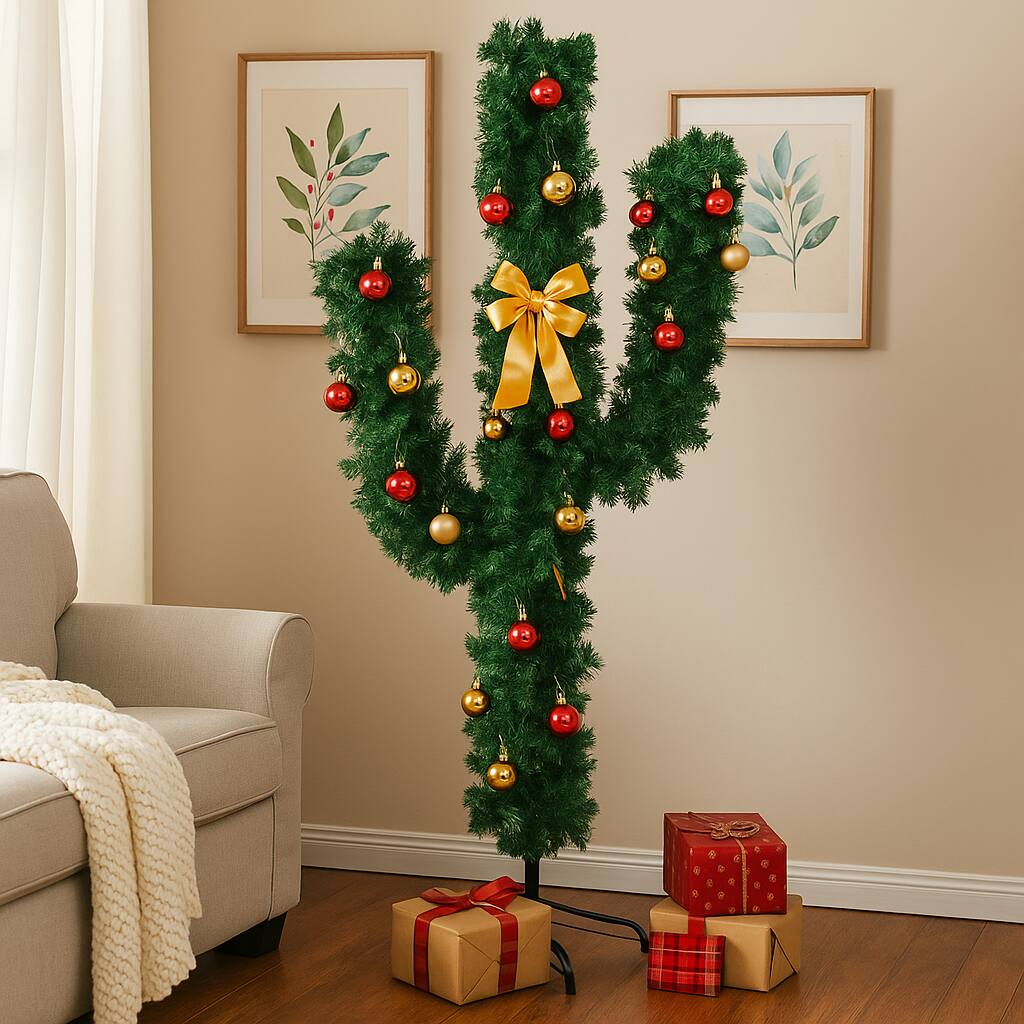 Angle. BreeBe - Pre-Lit Cactus Style Tree with Ornaments – 5ft 6ft 7ft Holiday Decor - Green.