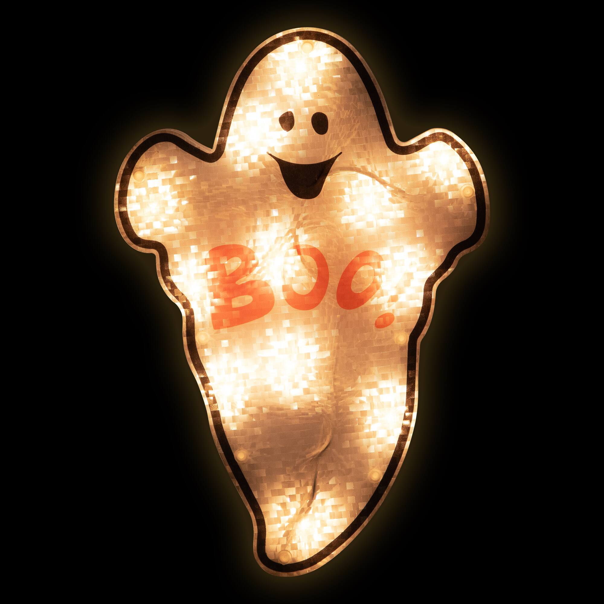 Front. Northlight - Lighted Holographic Boo Ghost Halloween Window Decoration - 12" - Orange.