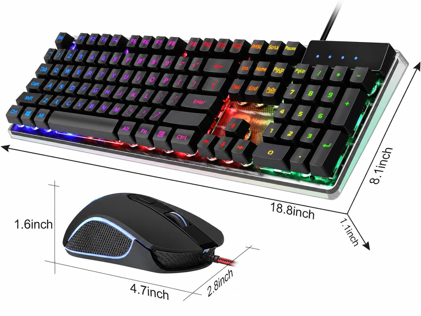 Esc F1 F2 F3 F4 F5 F6 F7 F8 F9 F10 F11 F12 PrtSc ScrLk Pause 1 2 3 4 5 6 7 8 9 = Tab Q W E R T Y U I O P [ ] Caps A S D F G H J K L : ; Shift Z X C V B N M , . Alt Fn 1 2 3 Ctrl 4 5 6 MegoG Alt 8.1inch 18.8inch 1.6inch 1.1inch 4.7inch 2.8inch