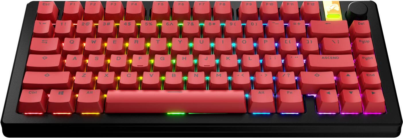 The image shows a close-up of a red keyboard with a colorful rainbow pattern. The keys are labeled with numbers and letters, including the function keys F1 to F12. The keyboard also has a numeric keypad, and the letters A to Z are visible on the keys. The arrangement of the keys is as follows:

1. 1! 2 3# 4$ 5% 6 78 8 9( 0) ) = Del
2. IT Q W E R T Y U I O P
3. PgUp A S D F G H J K L
4. PgDn Z X C V B N M < > /?
5. End Ctrl == Alt Alt Fn