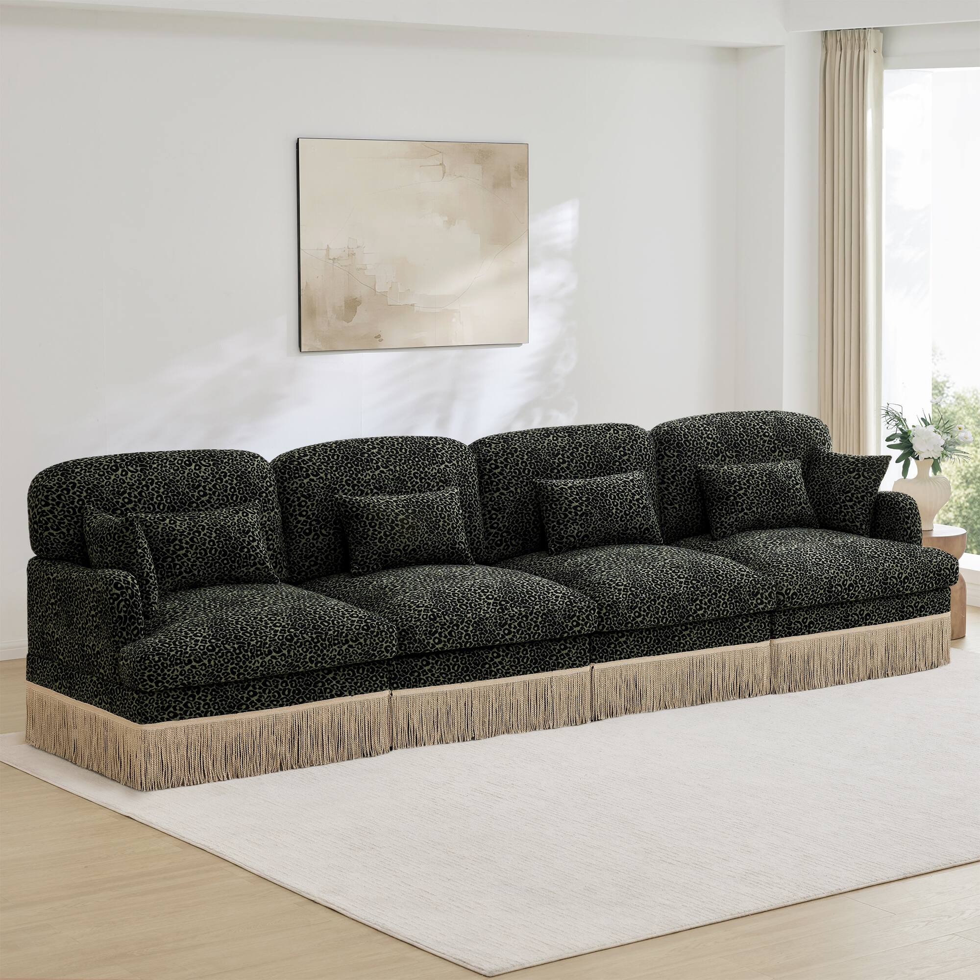 "Anysun - 131"" Leopard Print Chenille 4-Seater Modular Sofa, Tassel Edge, Ergonomic Deep Seat, Easy Assembly Couch for Living Room - Green" price history on PriceWatchPro