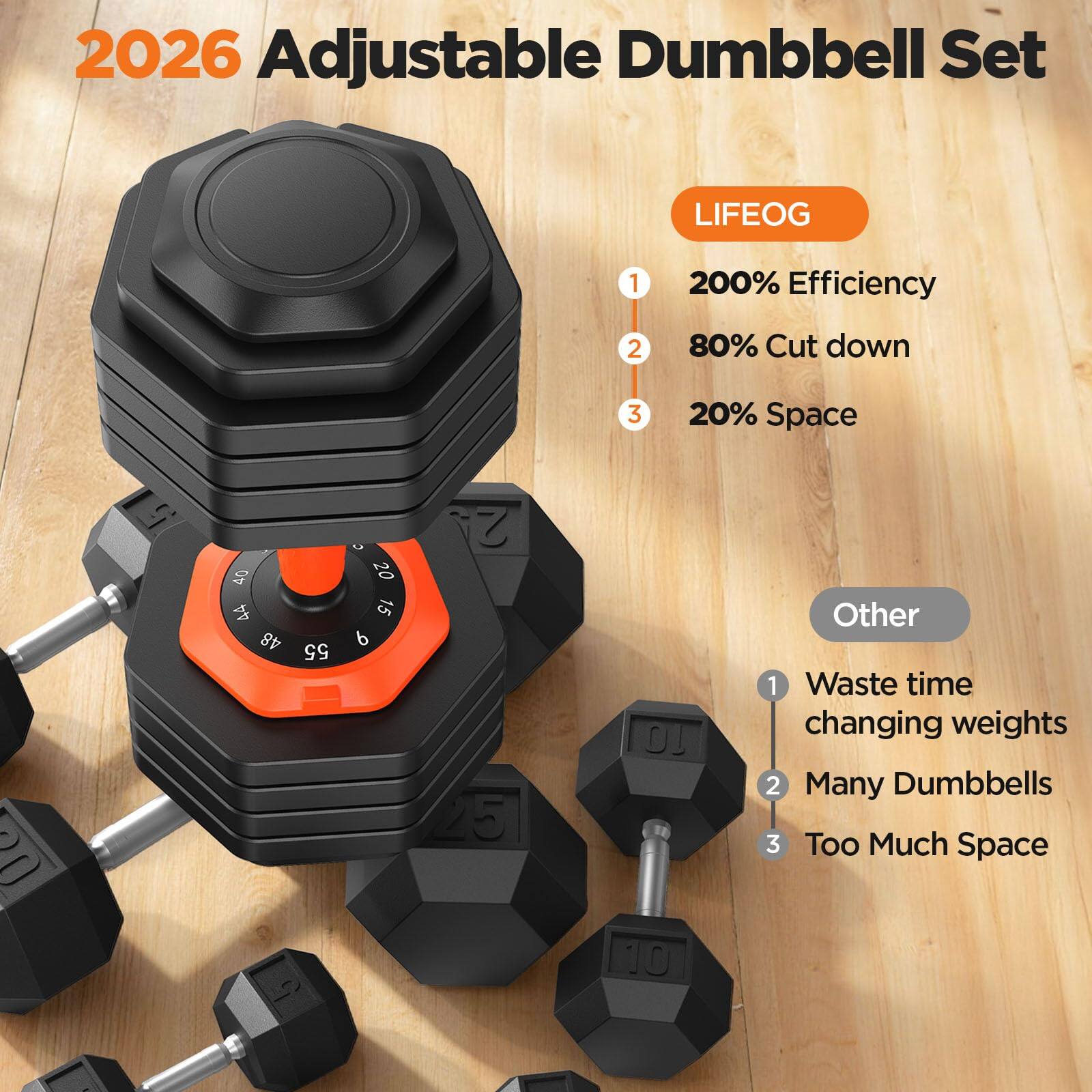 2026 Adjustable Dumbbell Set

LIFEOG
1. 200% Efficiency
2. 80% Cut down
3. 20% Space

Other
1. Waste time changing weights
2. Many Dumbbells
3. Too Much Space