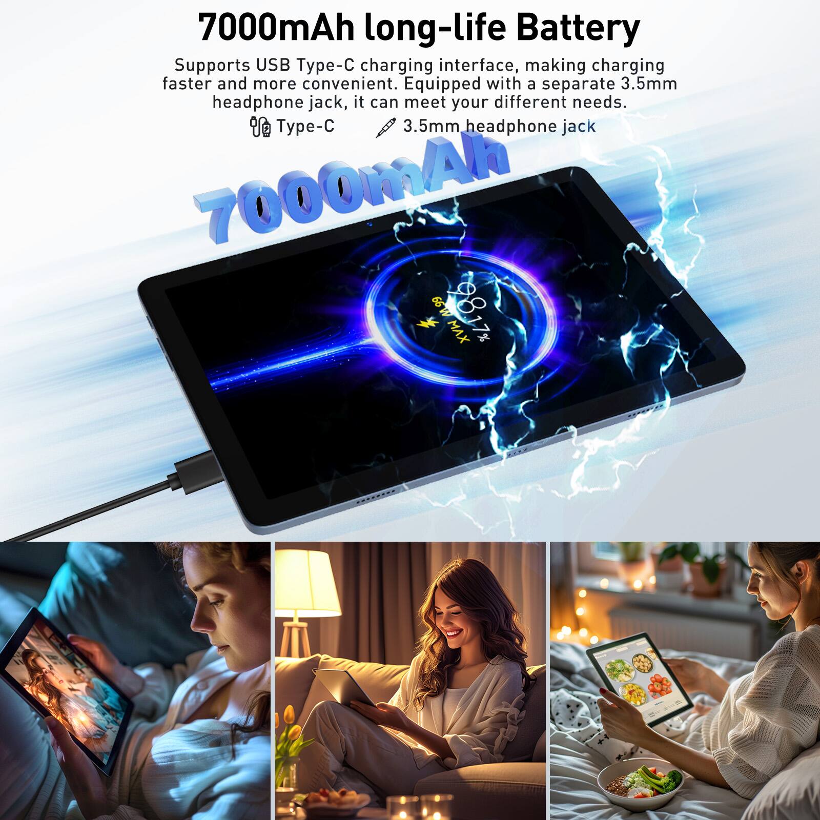 7000mAh long-life Battery  
Supports USB Type-C charging interface, making charging faster and more convenient. Equipped with a separate 3.5mm headphone jack, it can meet your different needs.  

Type-C  
3.5mm headphone jack  

7000mAh  

XAMWa  
98.17%  
MAX