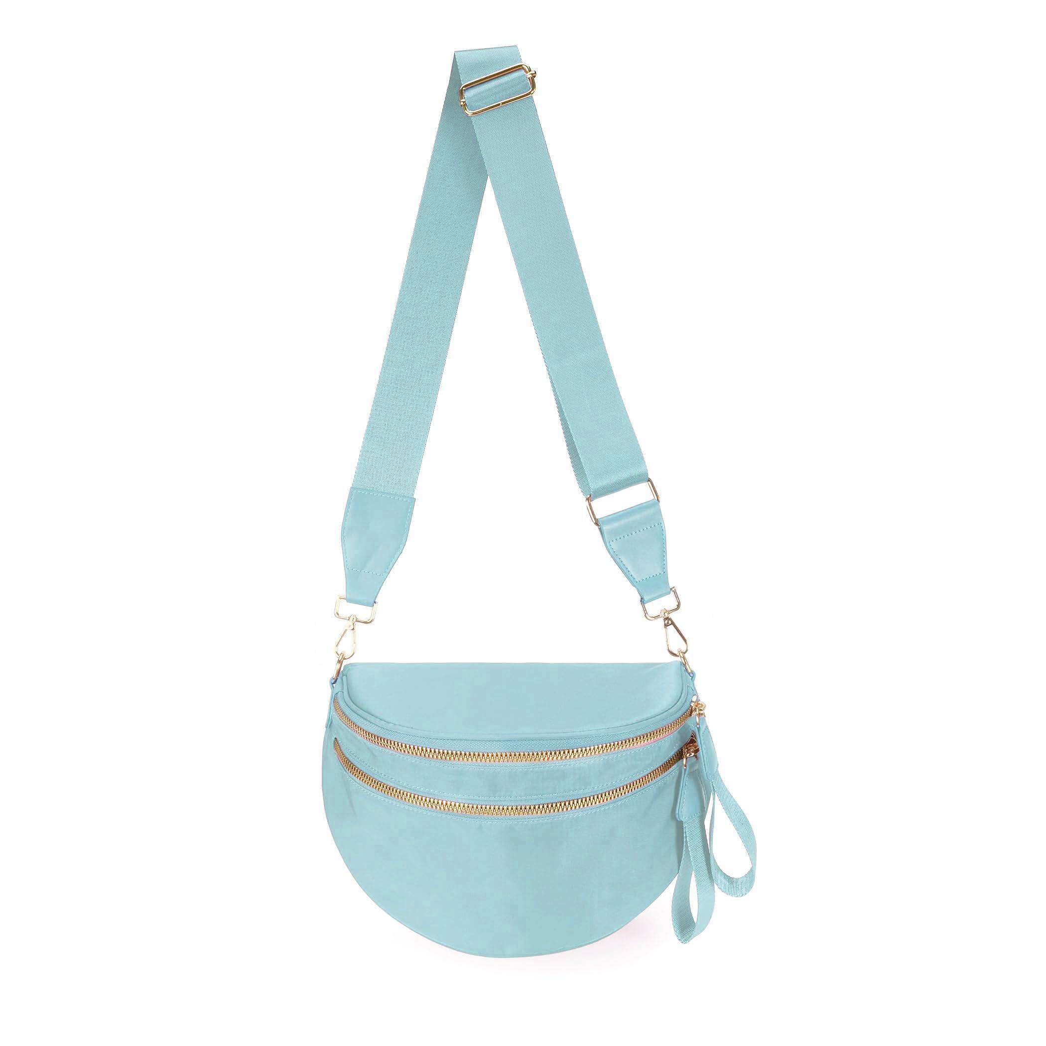 Front. Live At Space - Spacious Nylon Crossbody Bag Bum Handbags Wallets Purses Trendy Shoulder For Women ★ Stylish Crossbody Bag: This chic - Ice Blue.