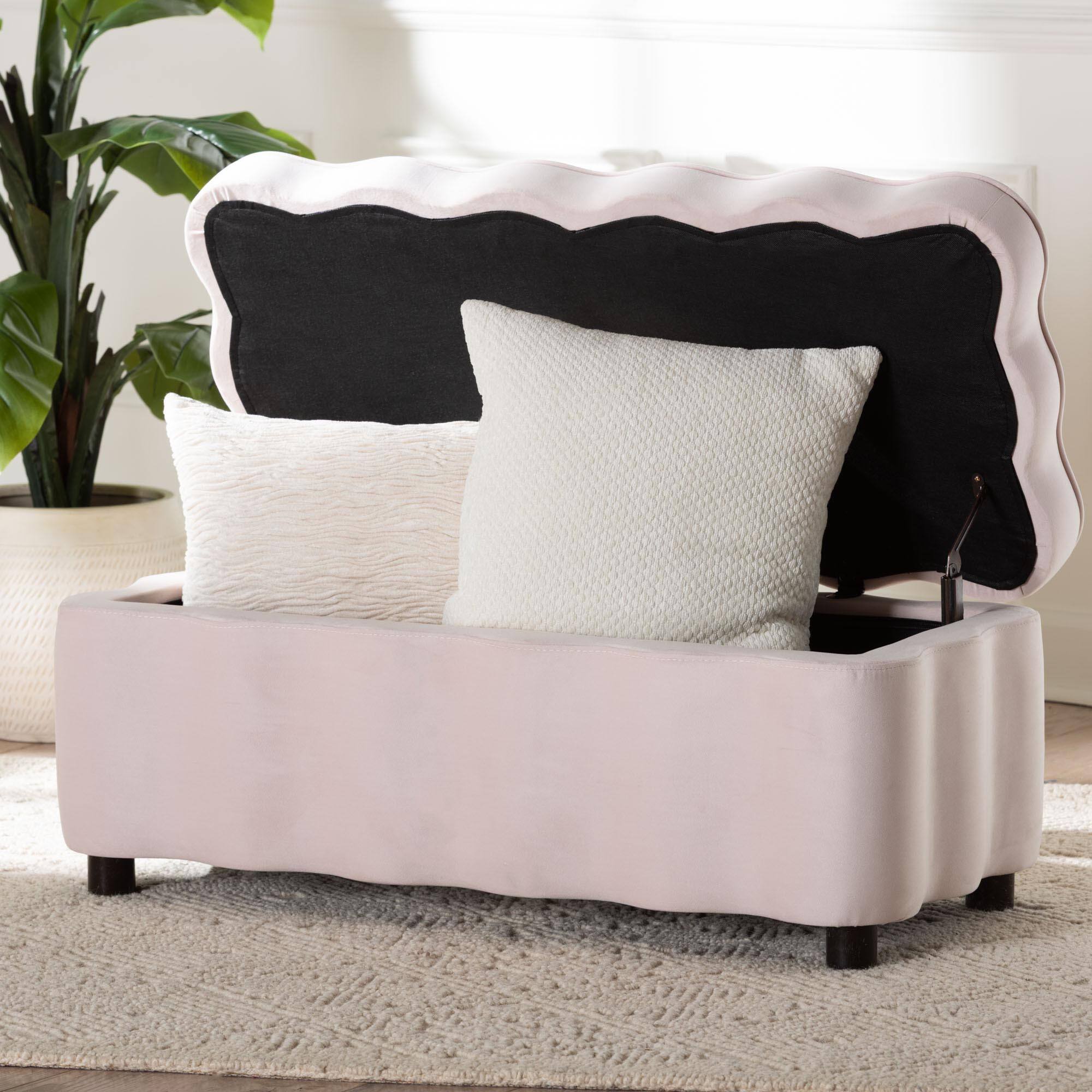 Alt View 6. Baxton Studio - Paulina Velvet Storage Bench - Lift Top Accent Bench with Interior Storage and Scalloped Outline - Light Pink/Black.