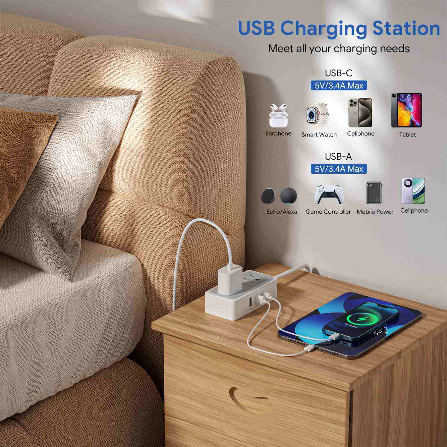 USB Charging Station  
Meet all your charging needs  

USB-C  
5V/3.4A Max  
- Earphone  
- Smart Watch  
- Cellphone  
- Tablet  

USB-A  
5V/3.4A Max  
- Echo/Alexa  
- Game Controller  
- Mobile Power  
- Cellphone