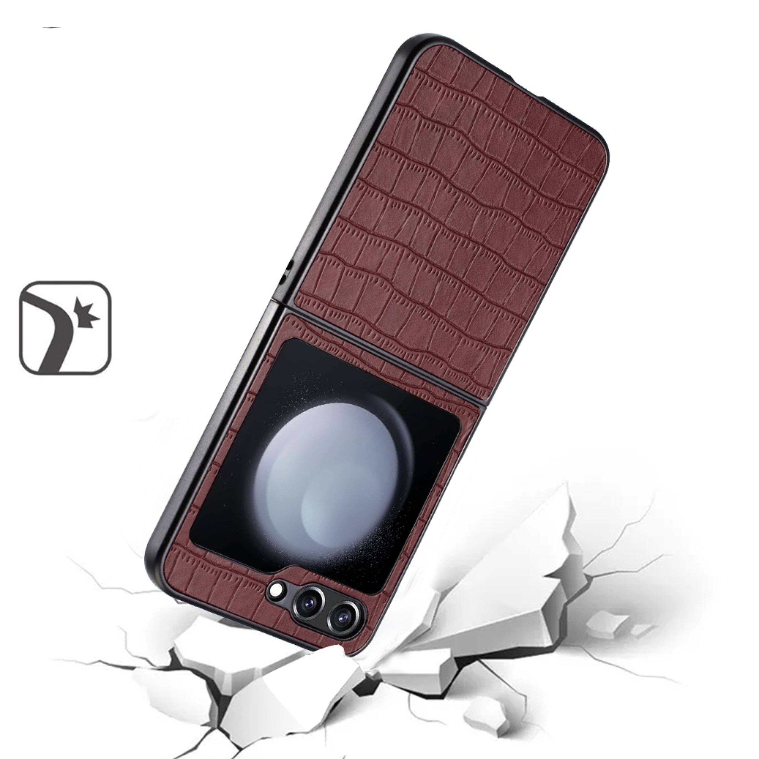 Left. Kitcheniva - Vegan Leather Croc Design Hard Snap On Phone Case For Samsung Galaxy Z Flip6 Brown - Brown.