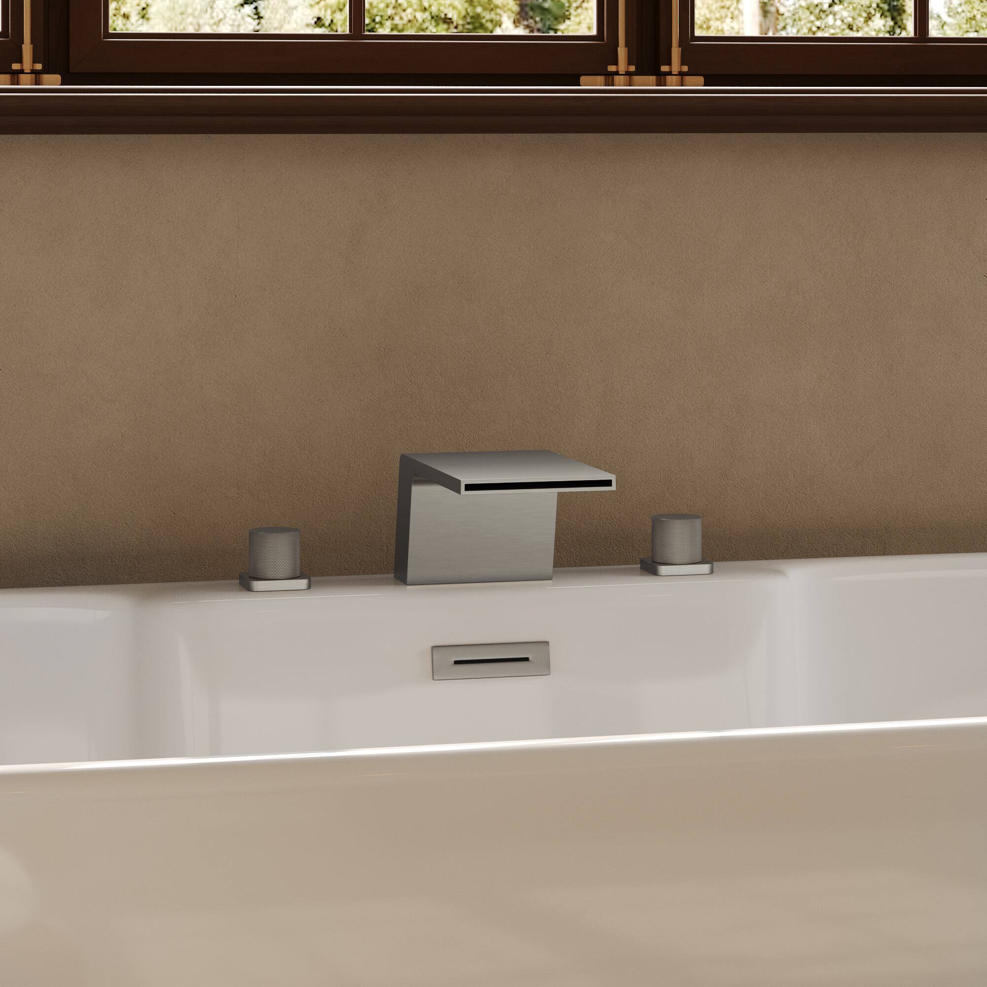 Angle. GRANDJOY - Waterfall Bathtub Faucet High Flow Copper Body 3-Hole Mount Fingerprint Resistant Finish - Brushed Nickel.