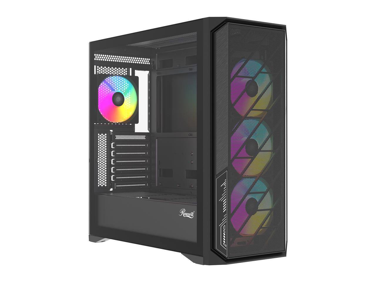 Rosewill - ACA502B ATX Mid-Tower Case w/ Mesh Panel, Tempered Glass, 4x ARGB Fans, USB 3.0 (Black) - Black