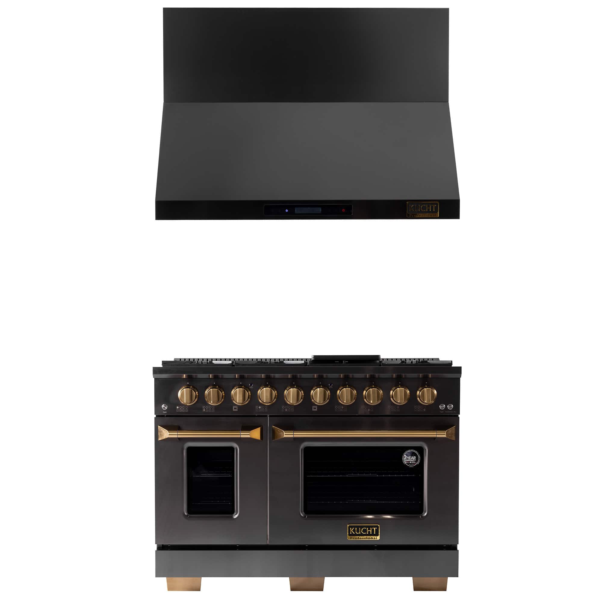 Kucht - 48 in. 6.7 cu. ft. 8-Burners Natural Gas Double Oven Gas Range in Gemstone + Wall Mount Range Hood - Titanium Stainless Steel