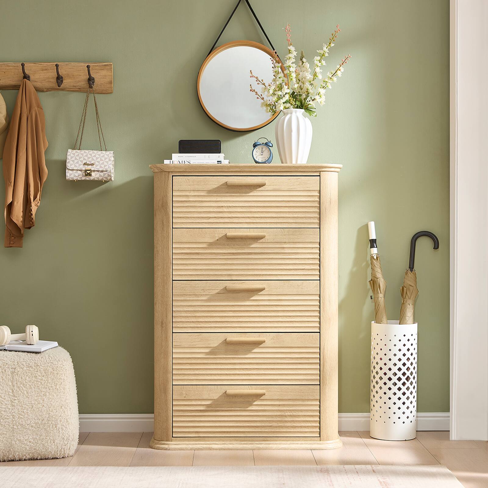 Alt View 2. Forest'nSky - Oak Wood 5 drawer 31.5 in. Wide Chest of Drawers with Curved Profile Design for Living Room - Oak.