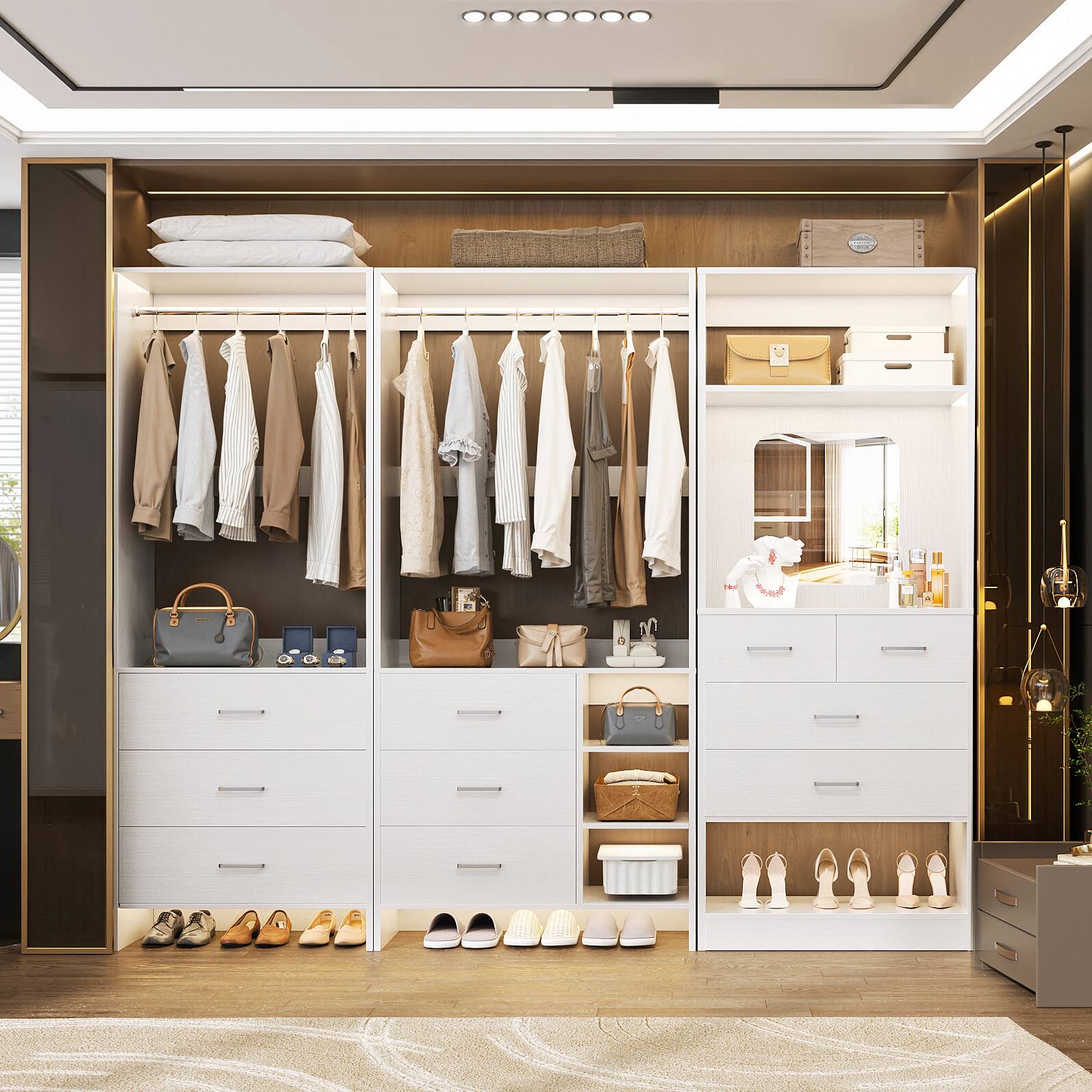 Left. Aheaplus - 79'' Wide Closet System Set, Closet Storage & Organization Unit with 10 Drawrs & 2 Hanging Rods, 3 Packs - White.