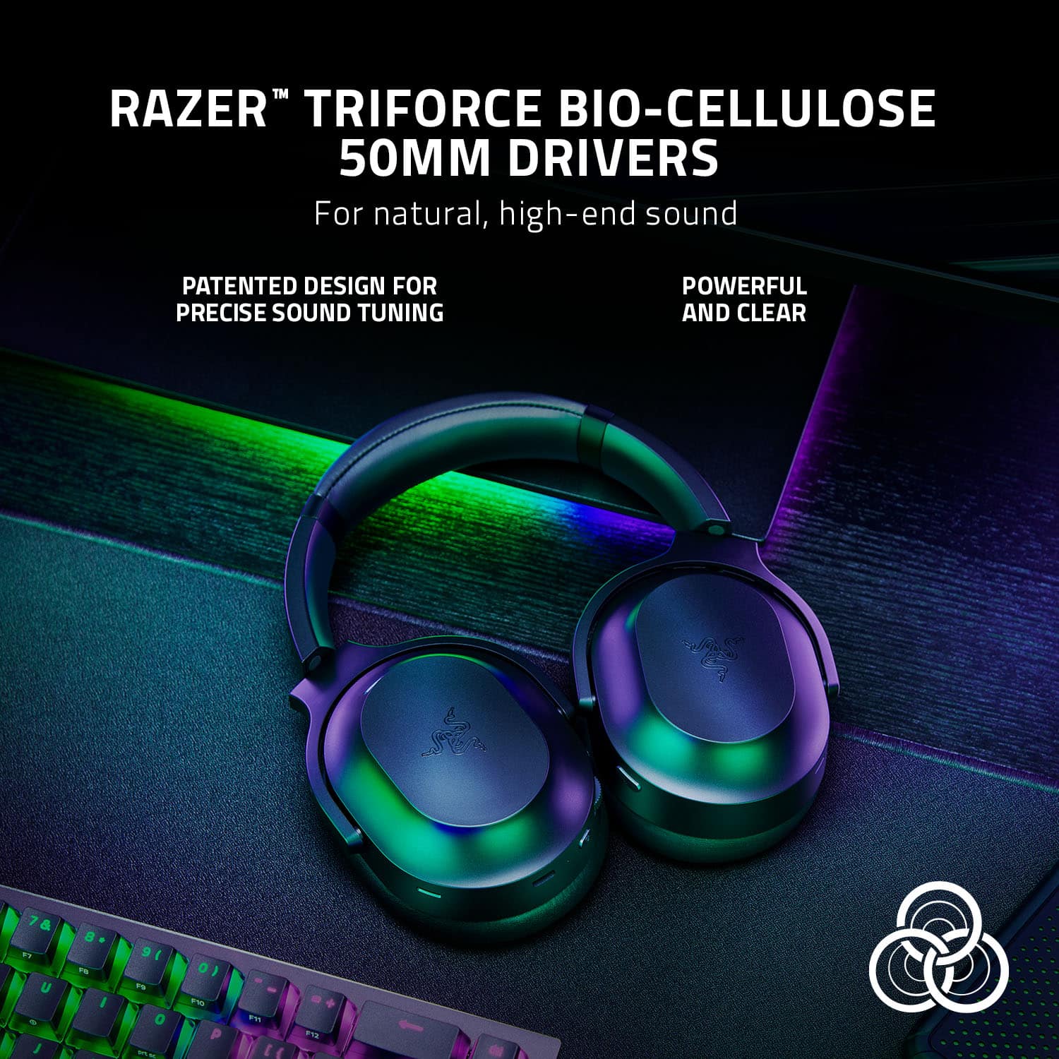 RAZER TRIFORCE BIO-CELLULOSE 50MM DRIVERS - For natural, high-end sound - Patented design for precise sound tuning - Powerful and clear.
