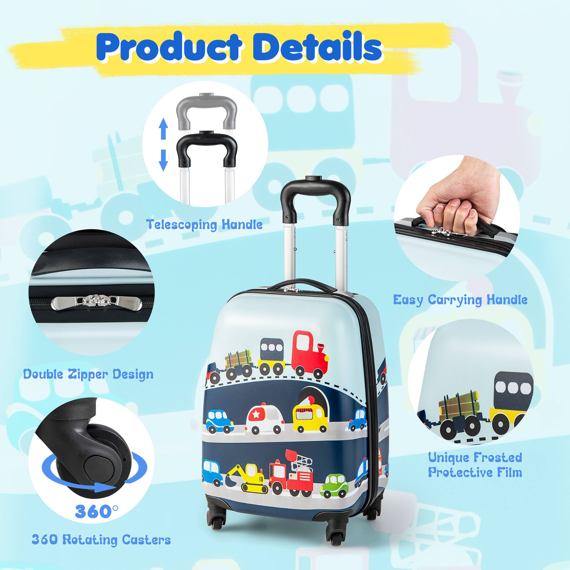 Product Details:
- Telescoping Handle
- Easy Carrying Handle
- Double Zipper Design
- Unique Frosted Protective Film
- 360 Rotating Casters