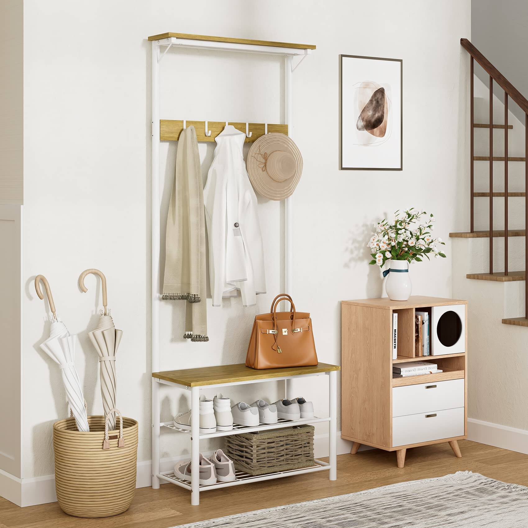 Alt View 3. ThinkLink Electronic - Hall Tree With Bench And Shoe Storage 3-in-1 Coat Rack Freestanding Wooden Metal Frame 3-tier Shelf 5 - Greige.