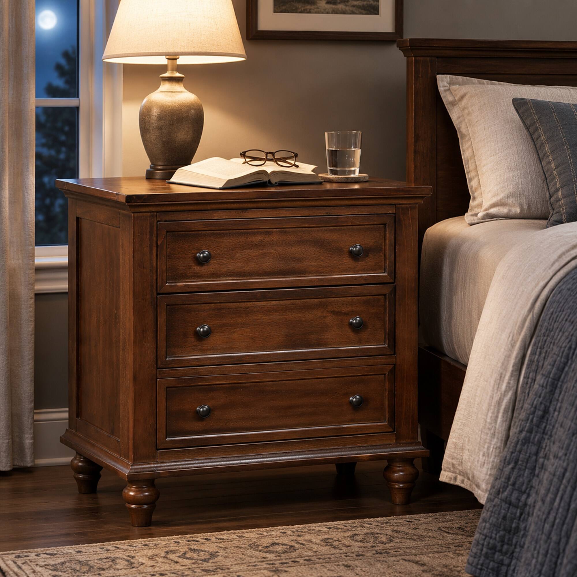 RYHNUYNE 27.6 in Nightstand, Pine Wood Veneer, 3 Drawers, Pull Out Tray ...