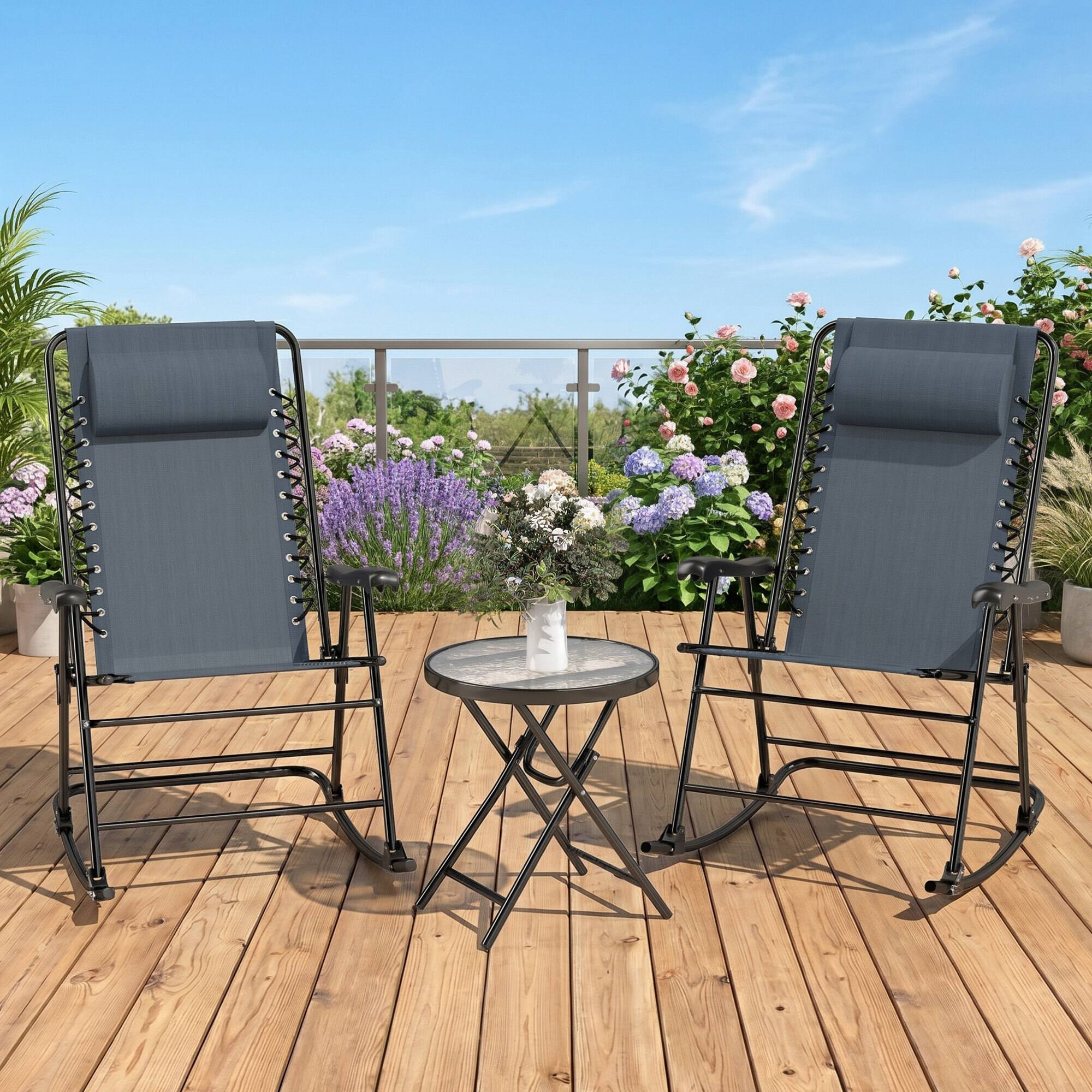 Alt View 1. Outsunny - Outdoor Folding Rocking Chair Patio Table Seating Set - Grey.