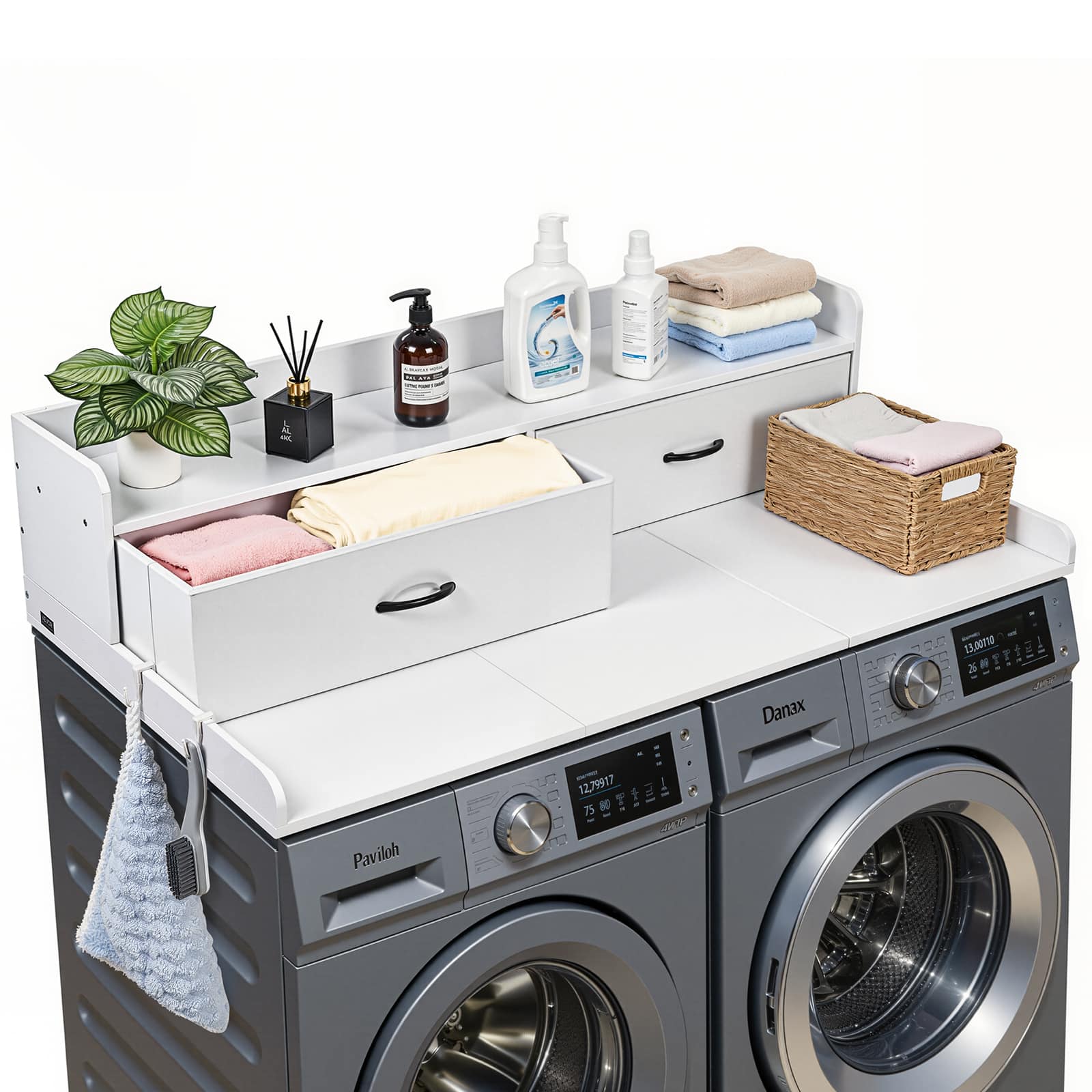 VEVOR - Washer Dryer Countertop with Shelf, 54 x 27.5 in Wooden Washer and Dryer Topper with 2 Drawers & 2 Hooks - White