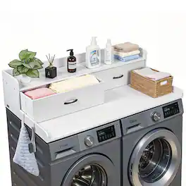 VEVOR - Washer Dryer Countertop with Shelf, 54 x 27.5 in Wooden Washer and Dryer Topper with 2 Drawers & 2 Hooks - White