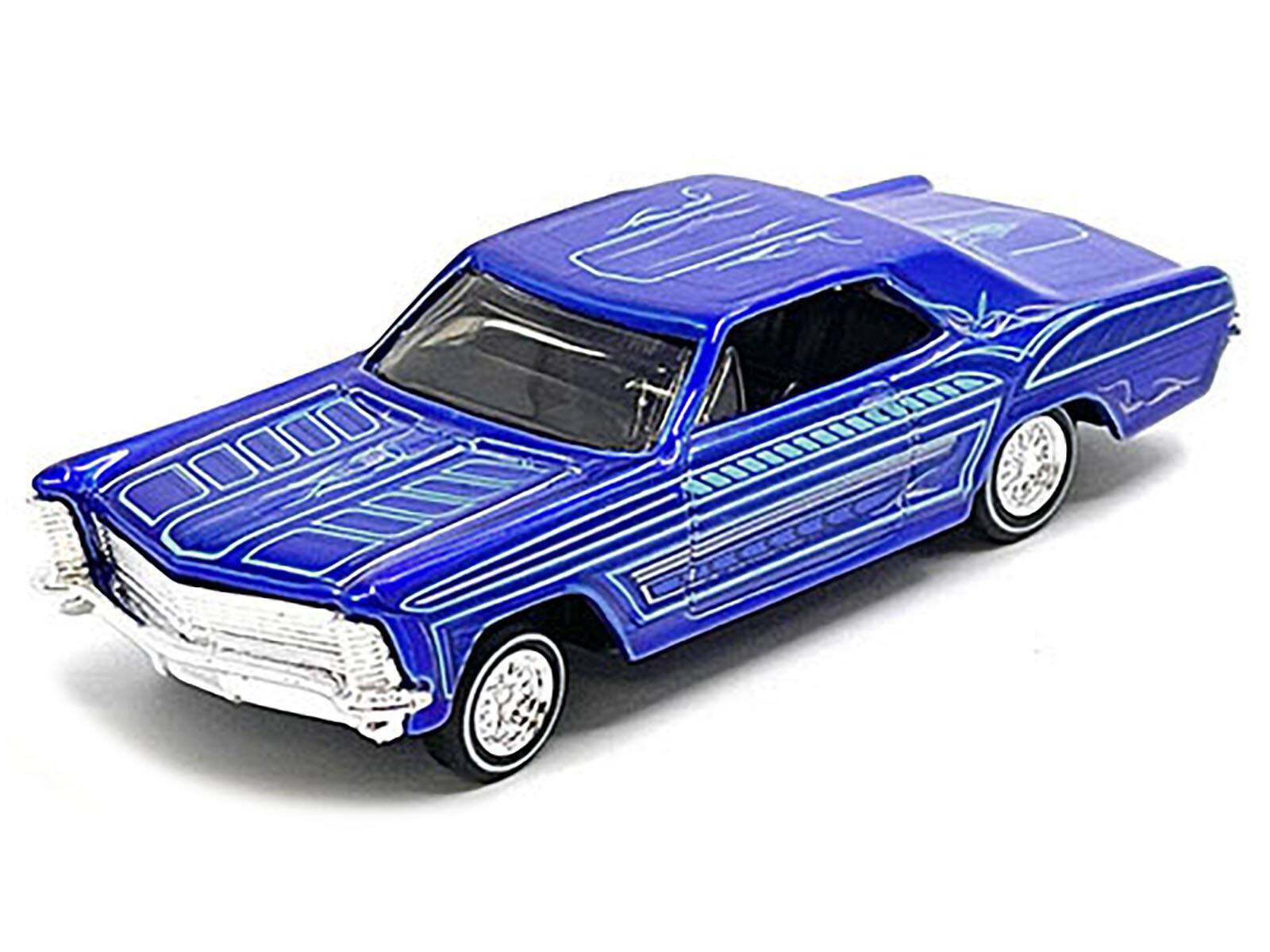 Angle. Maisto - 1965 Buick Riviera Candy Blue with Graphics "Lowriders" "Maisto Design" Series 1/64 Diecast Model Car by Maisto - Candy Blue.