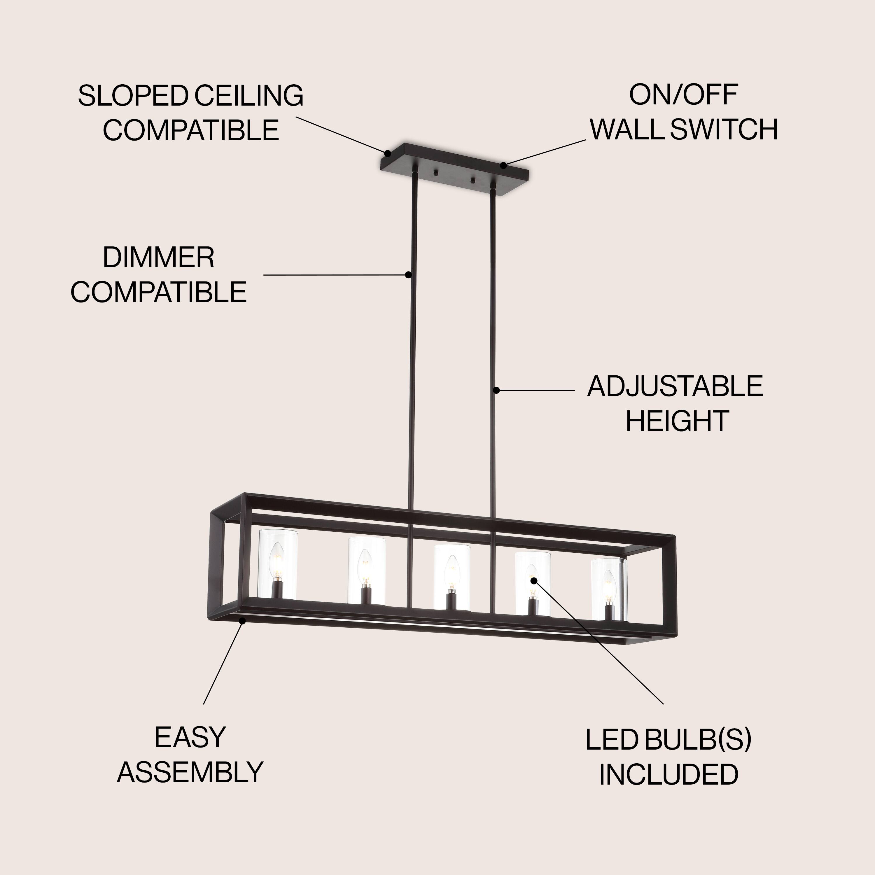 SLOPED CEILING COMPATIBLE  
ON/OFF WALL SWITCH  
DIMMER COMPATIBLE  
ADJUSTABLE HEIGHT  
EASY ASSEMBLY  
LED BULB(S) INCLUDED