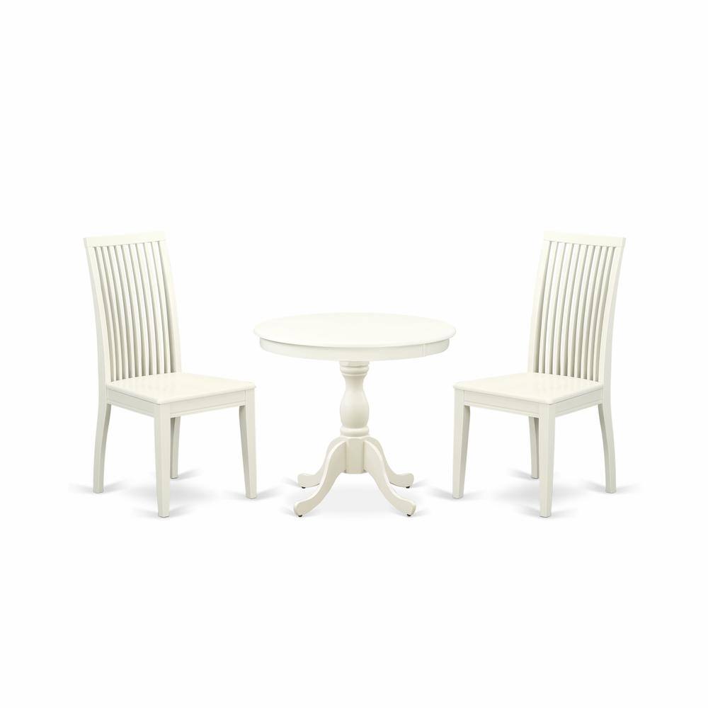 Left. East West Furniture - AMIP3-LWH-W 3 Piece Dining Room Set - 1 Wood Table and 2 Linen White Wood Dining Chairs - Linen White Finish - Linen White.