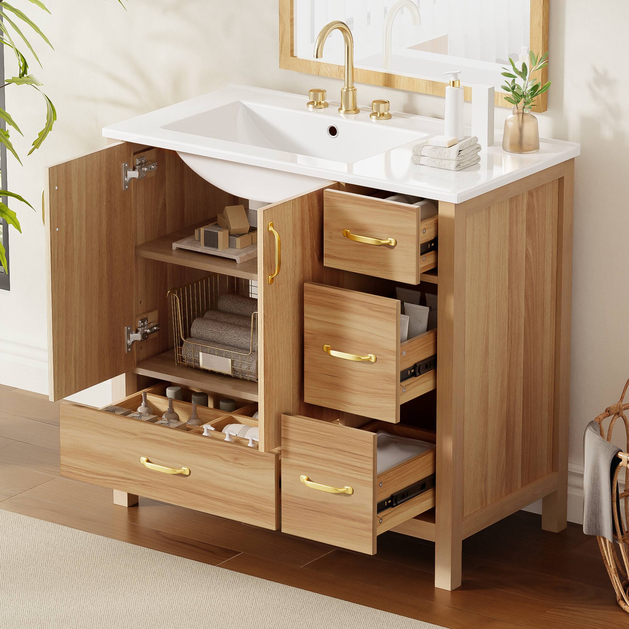 Alt View 5. Boyel Living - 36 Inch Bathroom Vanity with Ceramic Sink 2 Soft Close Doors 4 Soft Close Drawers Adjustable Shelf - Wood.
