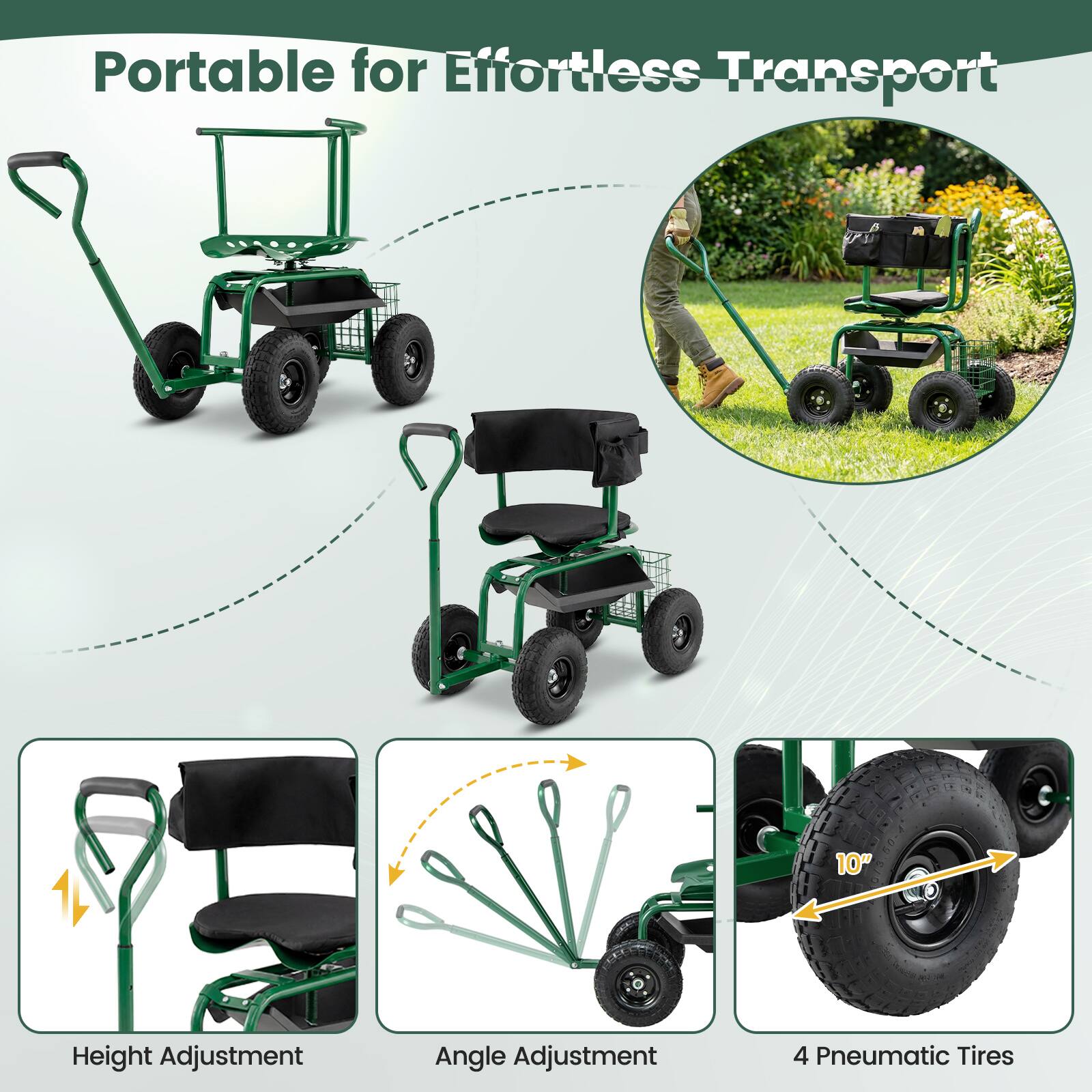 Portable for Effortless Transport

- Height Adjustment
- Angle Adjustment
- 4 Pneumatic Tires
- 10" Height Adjustment