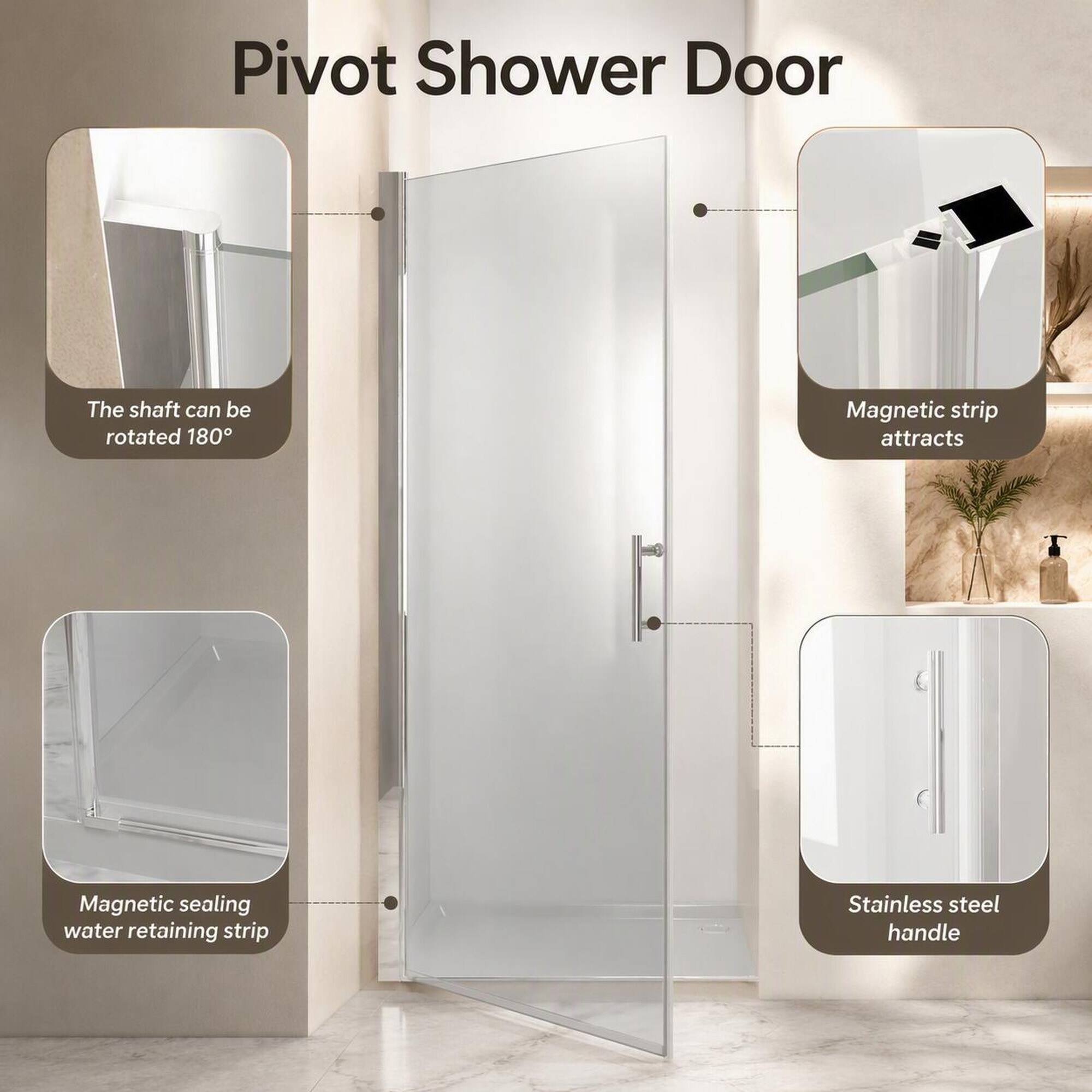 Pivot Shower Door

- The shaft can be rotated 180°
- Magnetic strip attracts
- Magnetic sealing water retaining strip
- Stainless steel handle