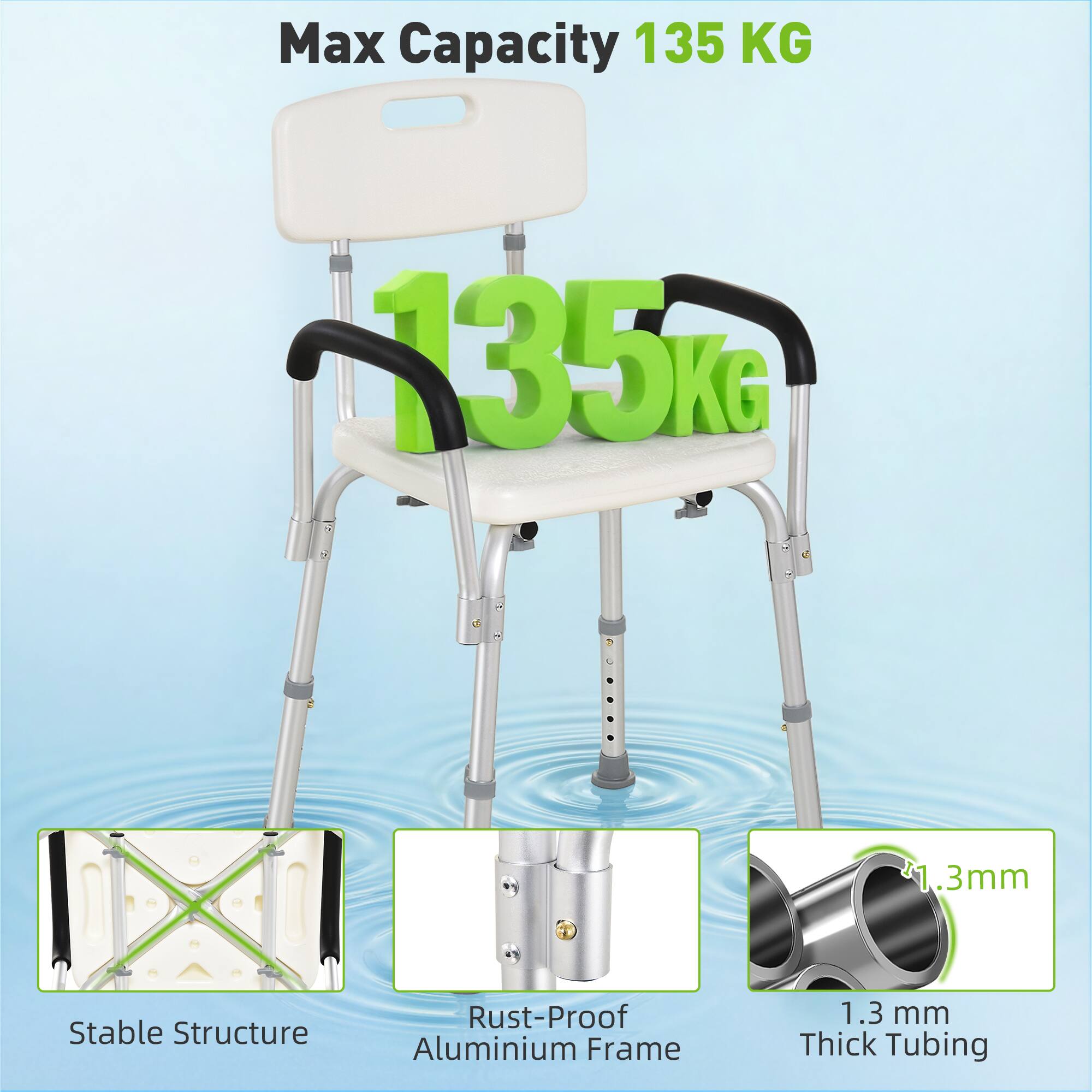 Max Capacity 135 KG  
135 KG  

Stable Structure  
Rust-Proof Aluminium Frame  
1.3 mm Thick Tubing