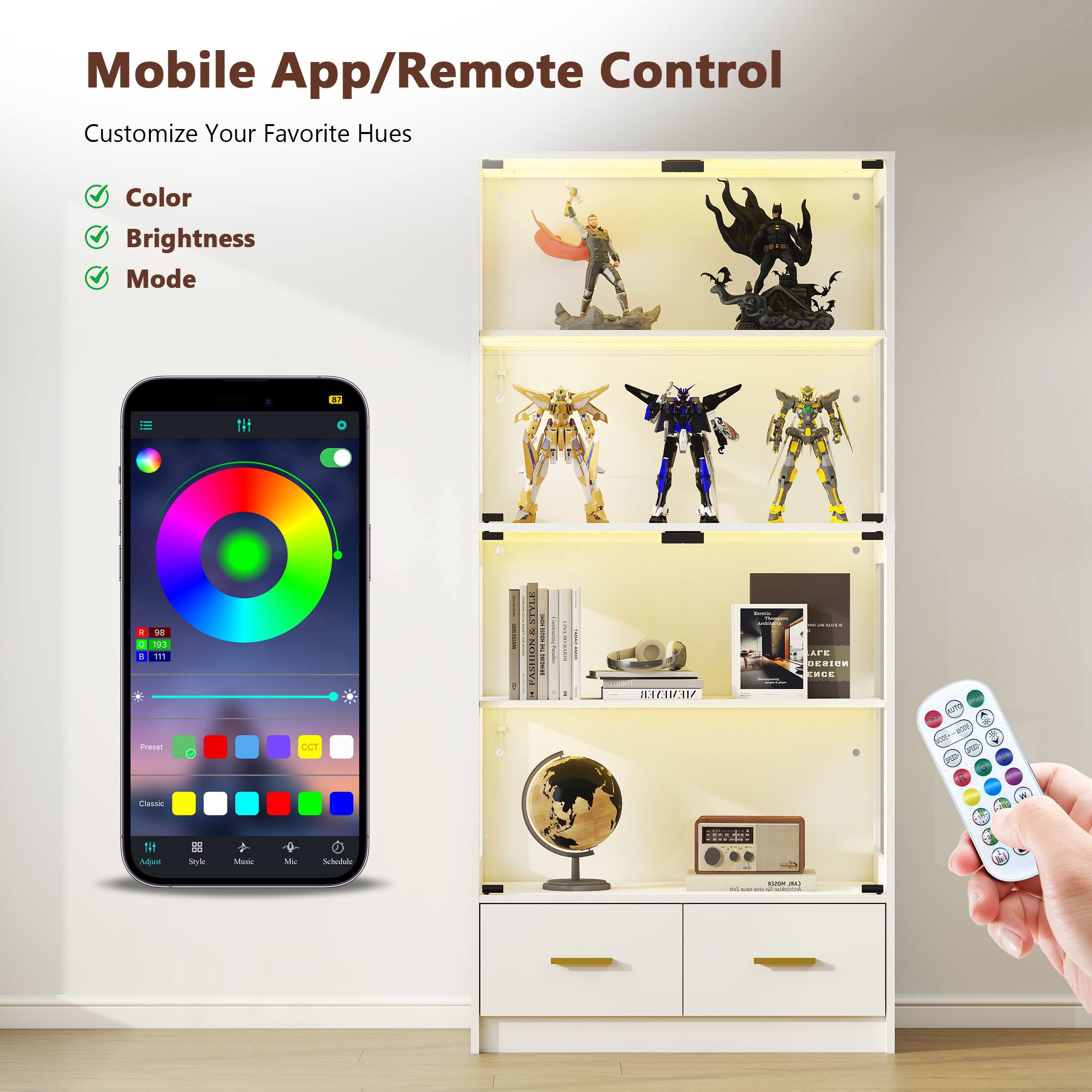 Mobile App/Remote Control
Customize Your Favorite Hues
Color
Brightness
Mode