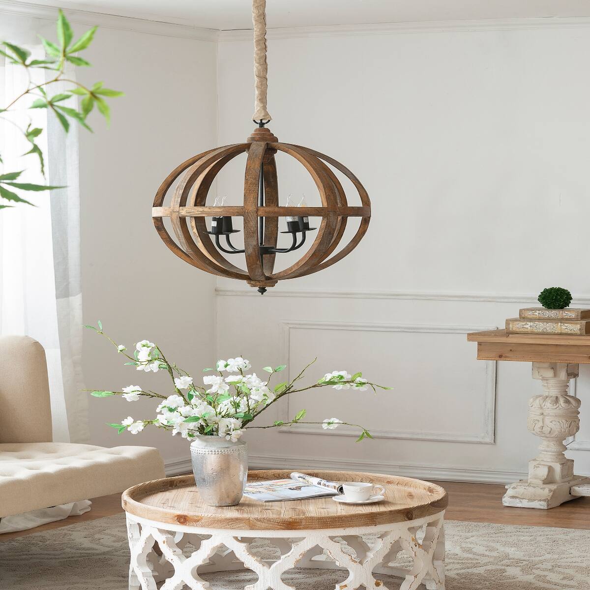 Alt View 3. Loheer - Loheer Four Light Wood Chandelier with Adjustable Chain for Dining Room or Foyer.
