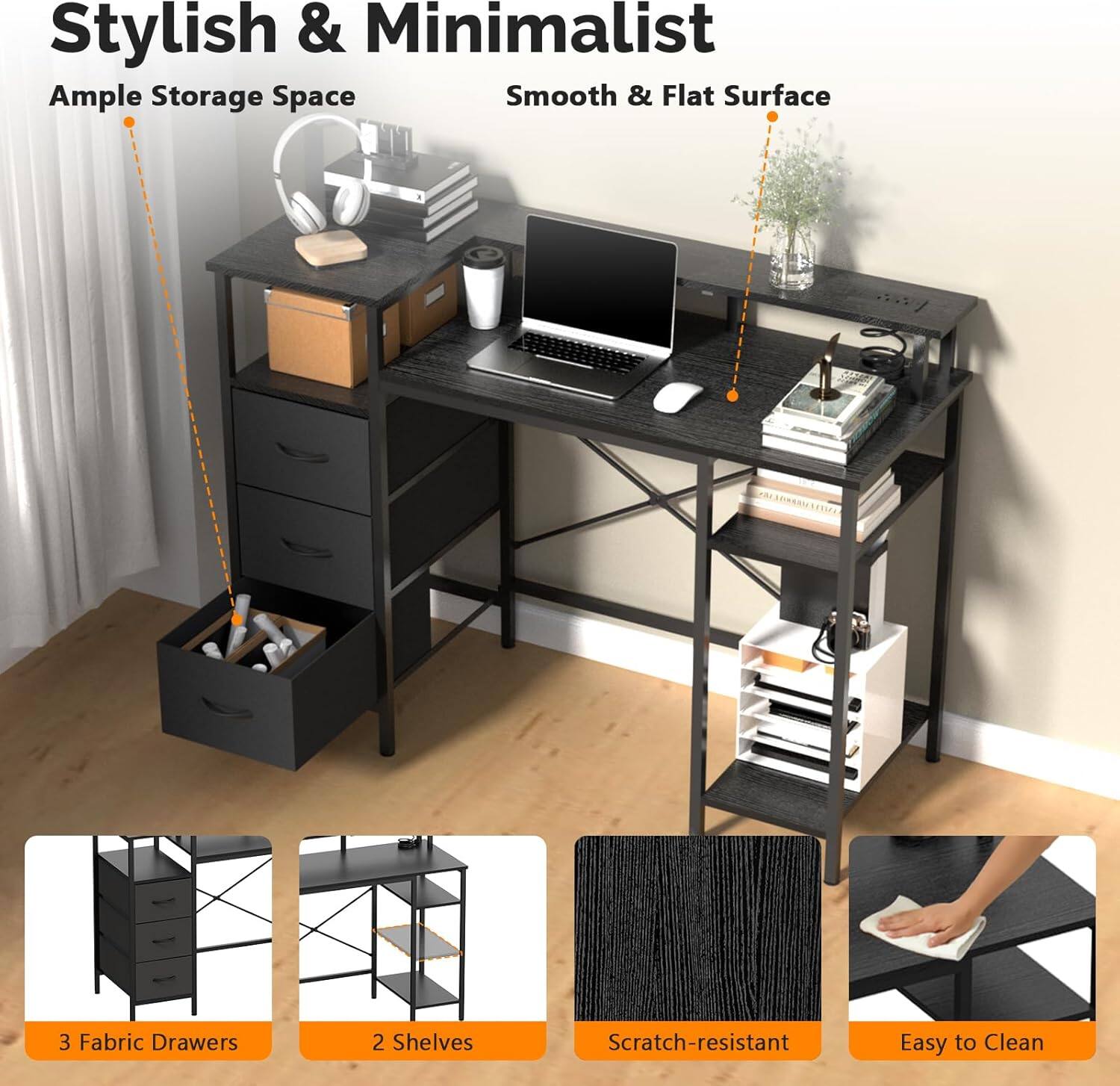 Stylish & Minimalist  
Ample Storage Space  
Smooth & Flat Surface  
3 Fabric Drawers  
2 Shelves  
Scratch-resistant  
Easy to Clean