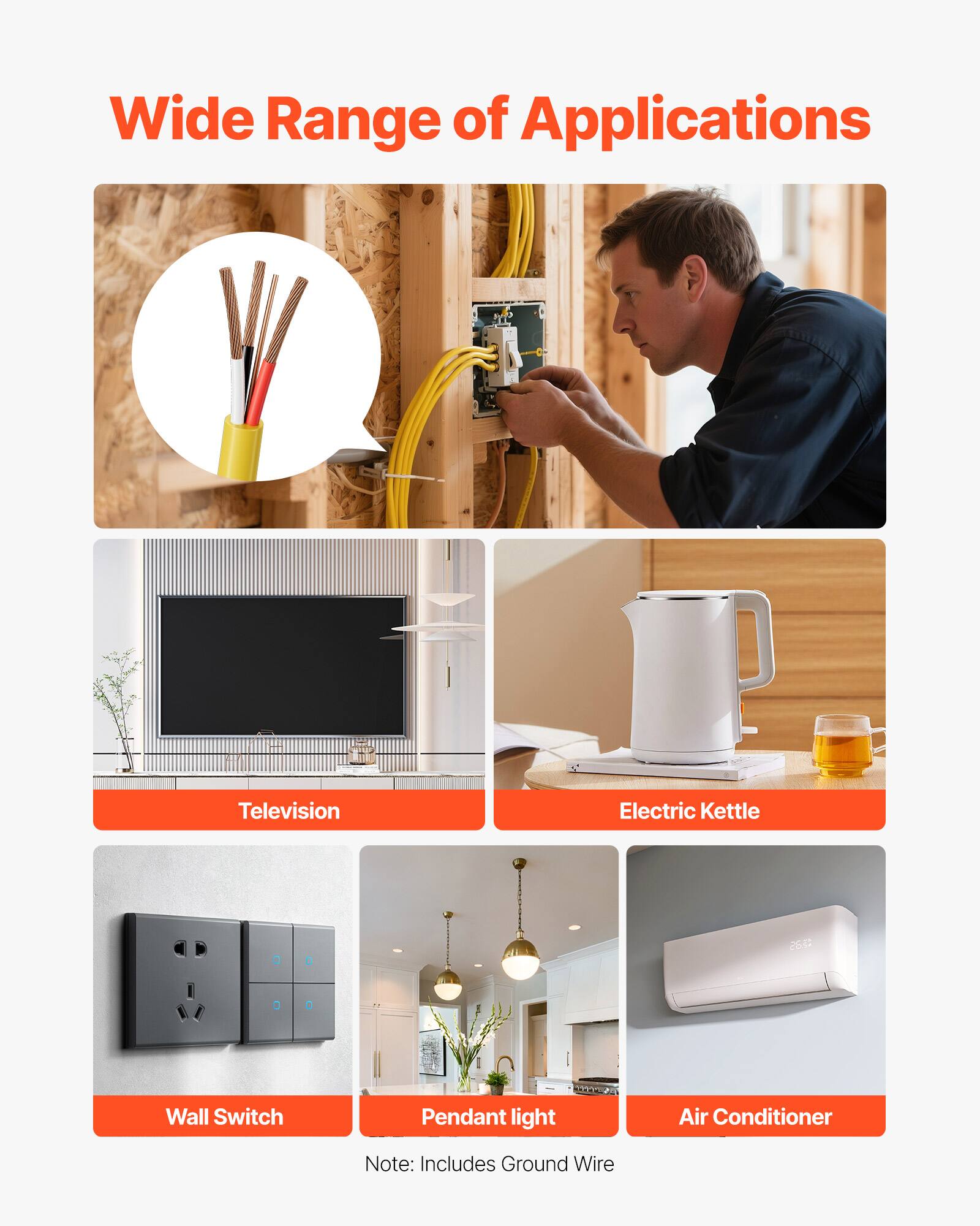 Wide Range of Applications  
Television  
Electric Kettle  
Wall Switch  
Pendant light  
Air Conditioner  
Note: Includes Ground Wire