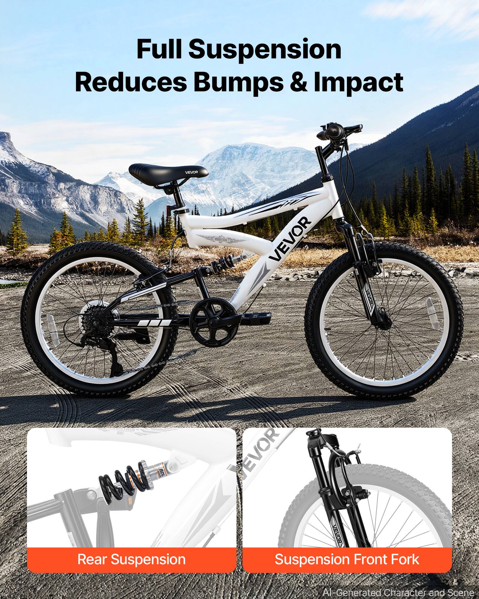 Full Suspension Reduces Bumps & Impact

VEVOR

Rear Suspension

Suspension Front Fork

AI-Generated Character and Scene