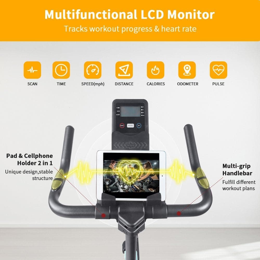 Multifunctional LCD Monitor  
Tracks workout progress & heart rate  

- SCAN  
- TIME  
- SPEED(mph)  
- DISTANCE  
- CALORIES  
- ODOMETER  
- PULSE  

Pad & Cellphone Holder 2 in 1  
Unique design, stable structure  

Multi-grip Handlebar  
Fulfill different workout plans
