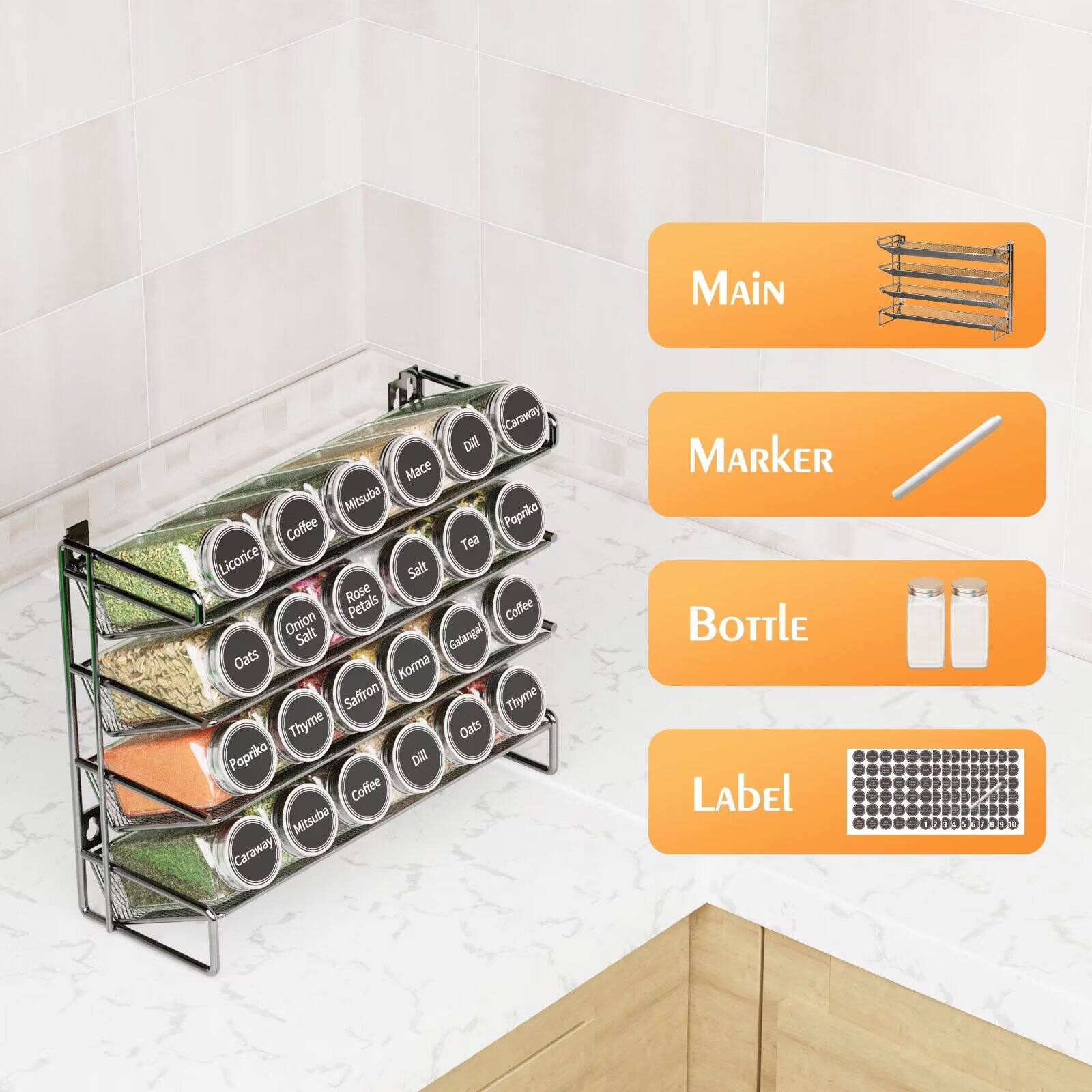 MAIN  
Caraway  
Dill  
Mace  
Mitsuba  
Coffee  
Paprika  
Tea  
Licorice  
Salt  
Rose Petals  
Coffee  
Onion Salt  
Galangal  
Oats  
Korma  
Saffron  
Thyme  
Thyme  
Oats  
Paprika  
Dill  
Mitsuba  
Caraway  

MARKER  
BOTTLE  
LABEL