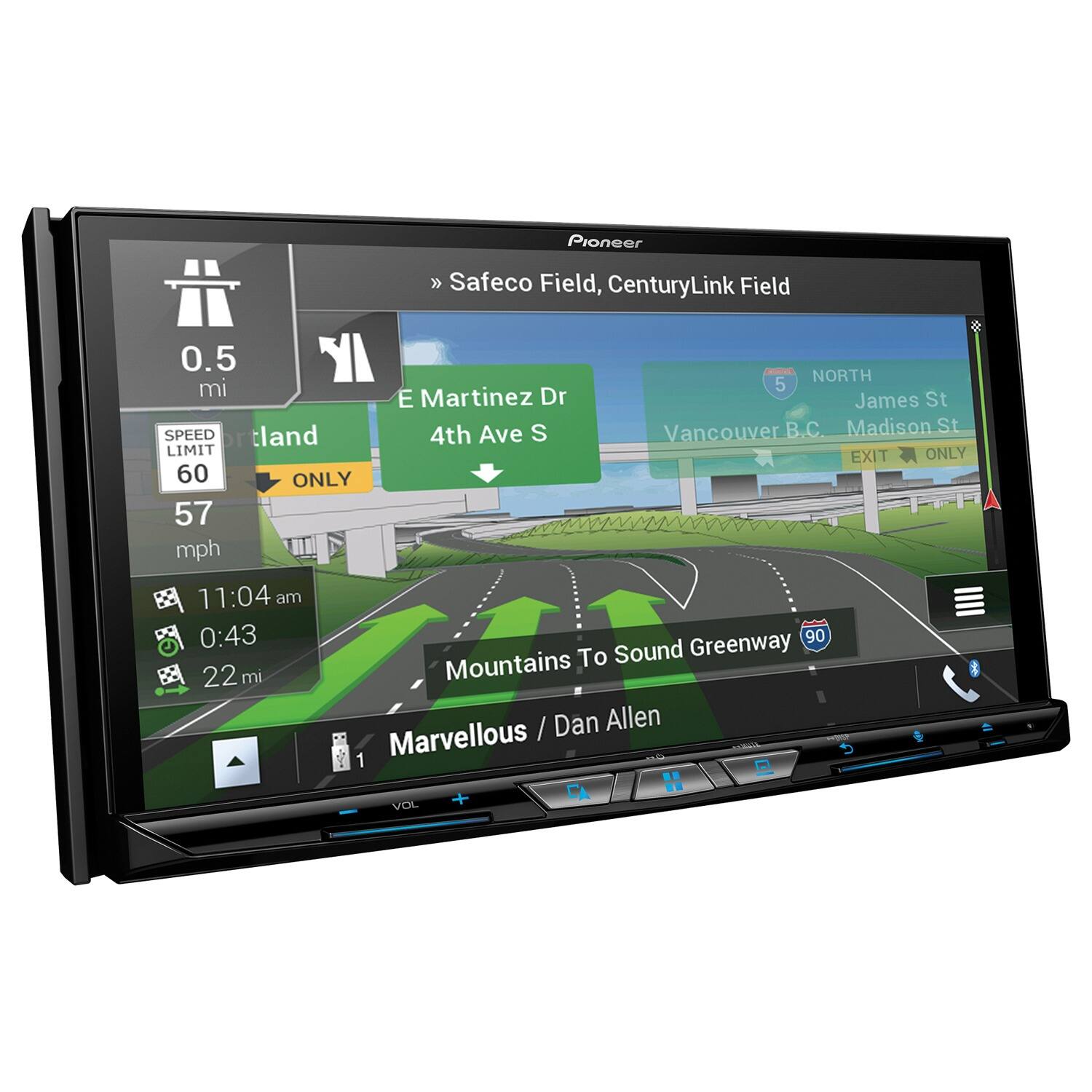 Pioneer Safeco Field, CenturyLink Field  
0.5 mi  
NORTH  
E Martinez Dr  
James St  
S Vancouver  
Madison St  
SPEED LIMIT 60  
57 mph  
11:04 am  
0:43  
Greenway  
90  
To Sound  
22 mi  
Mountains  
Dan Allen  
Marvellous - 1 VOL +