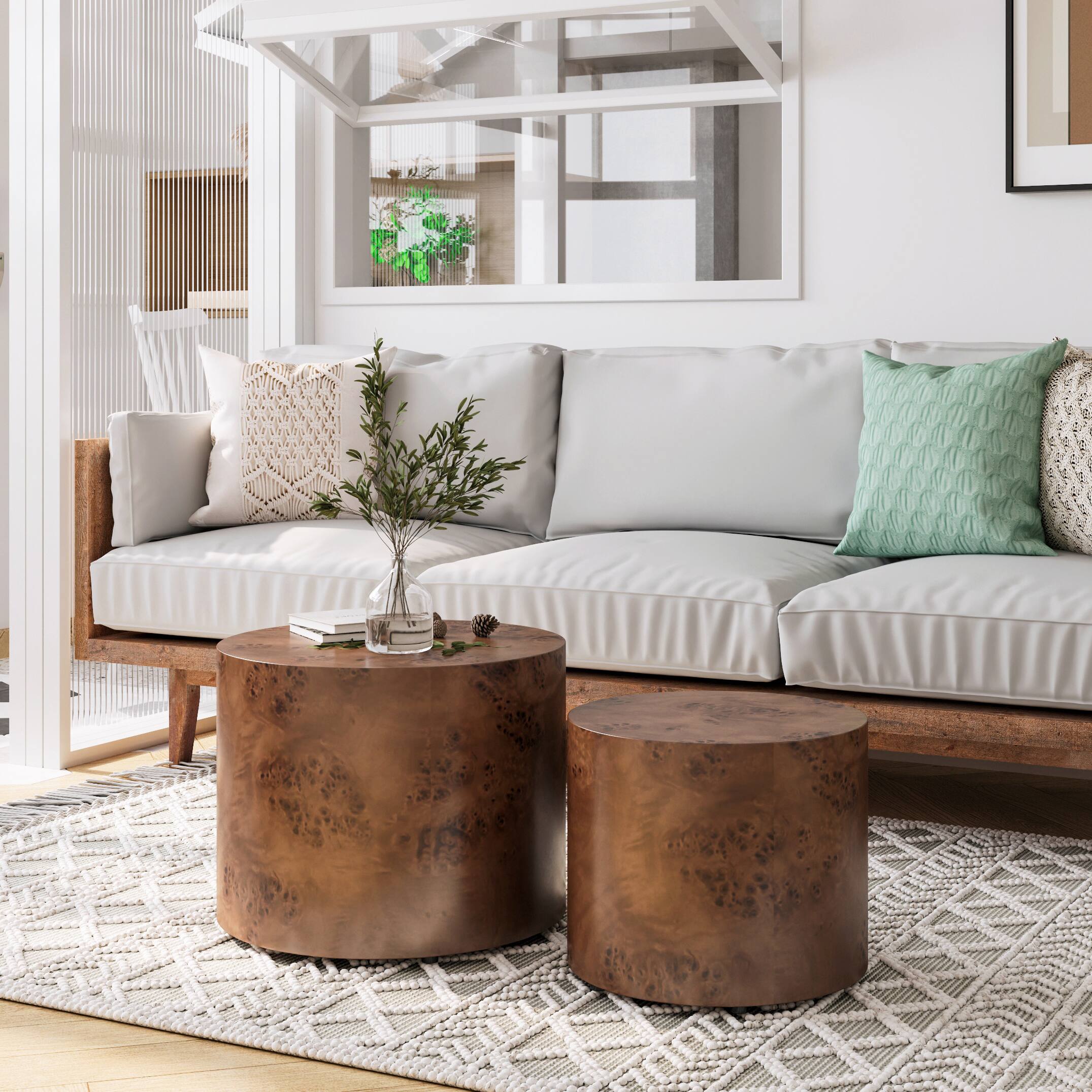 Angle. Loheer - Loheer Nesting Coffee Table Set of 2 Modern Round Brown Burl Wood Circle Accent Tables for Small Spaces Living Room - Dark Brown.