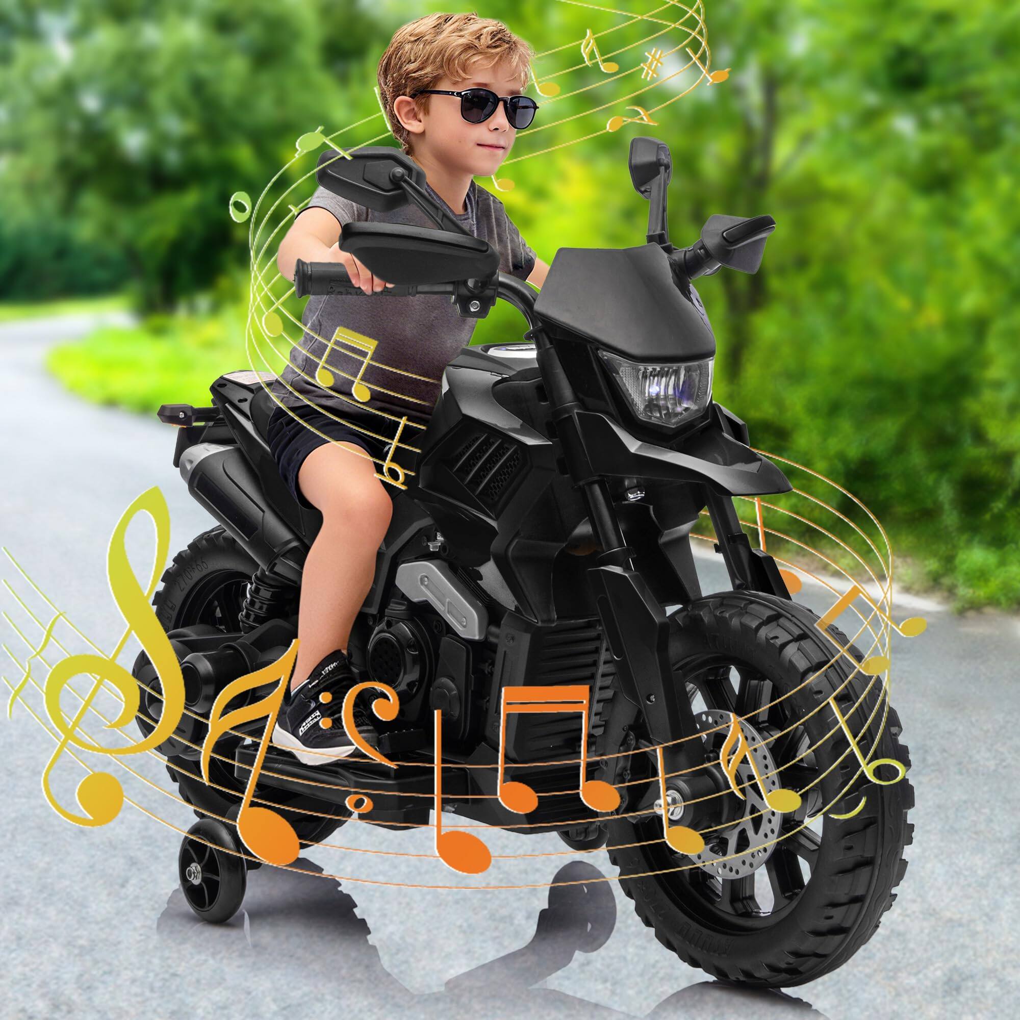 Angle. Qeetex - 6v Electric Dirt Bike, Kids Ride on Motorcycle with Traning Wheels, 2-5 MPH, Headlight & Music - Black.