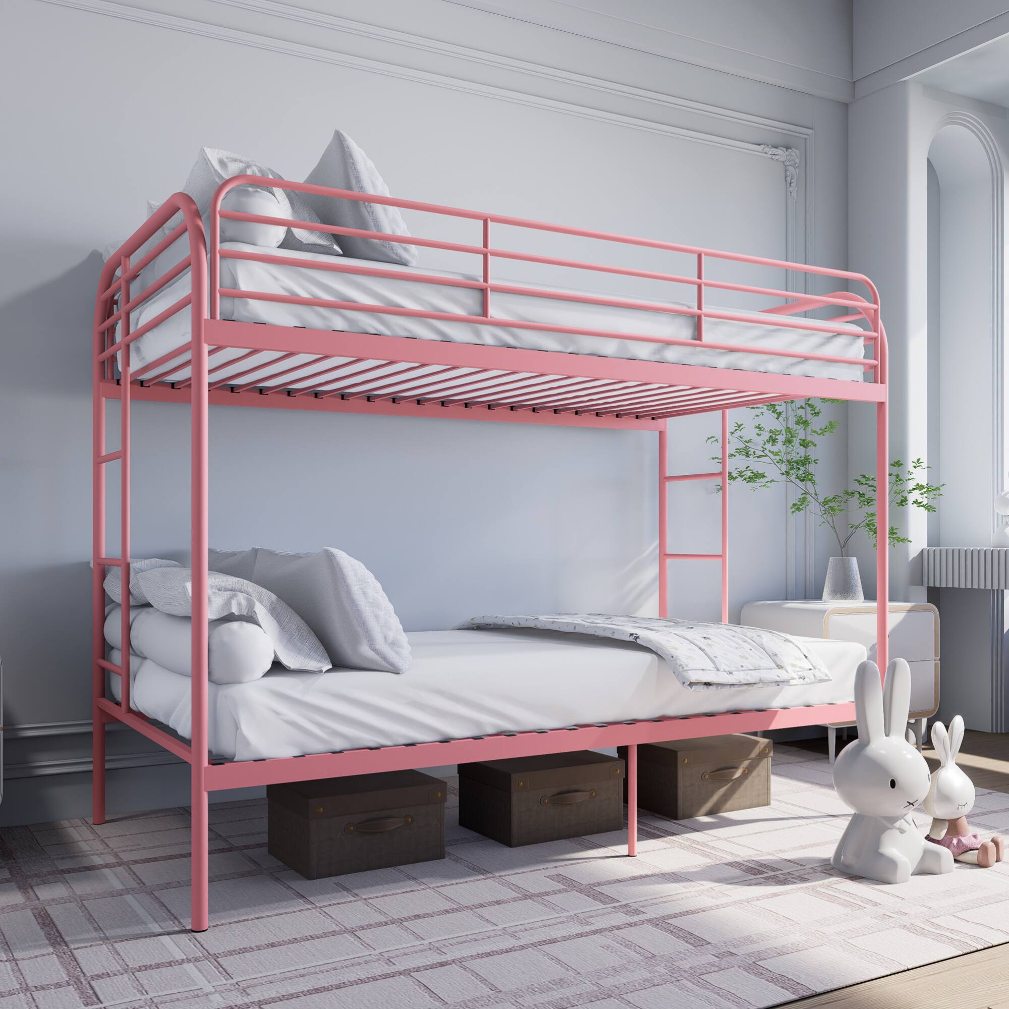 Alt View 2. GOODSILO - Metal Twin Over Twin Bunk Bed with Dual Ladders and Full-Length Safety Rails, Space-Saving Design for Kids and Teens - Pink.