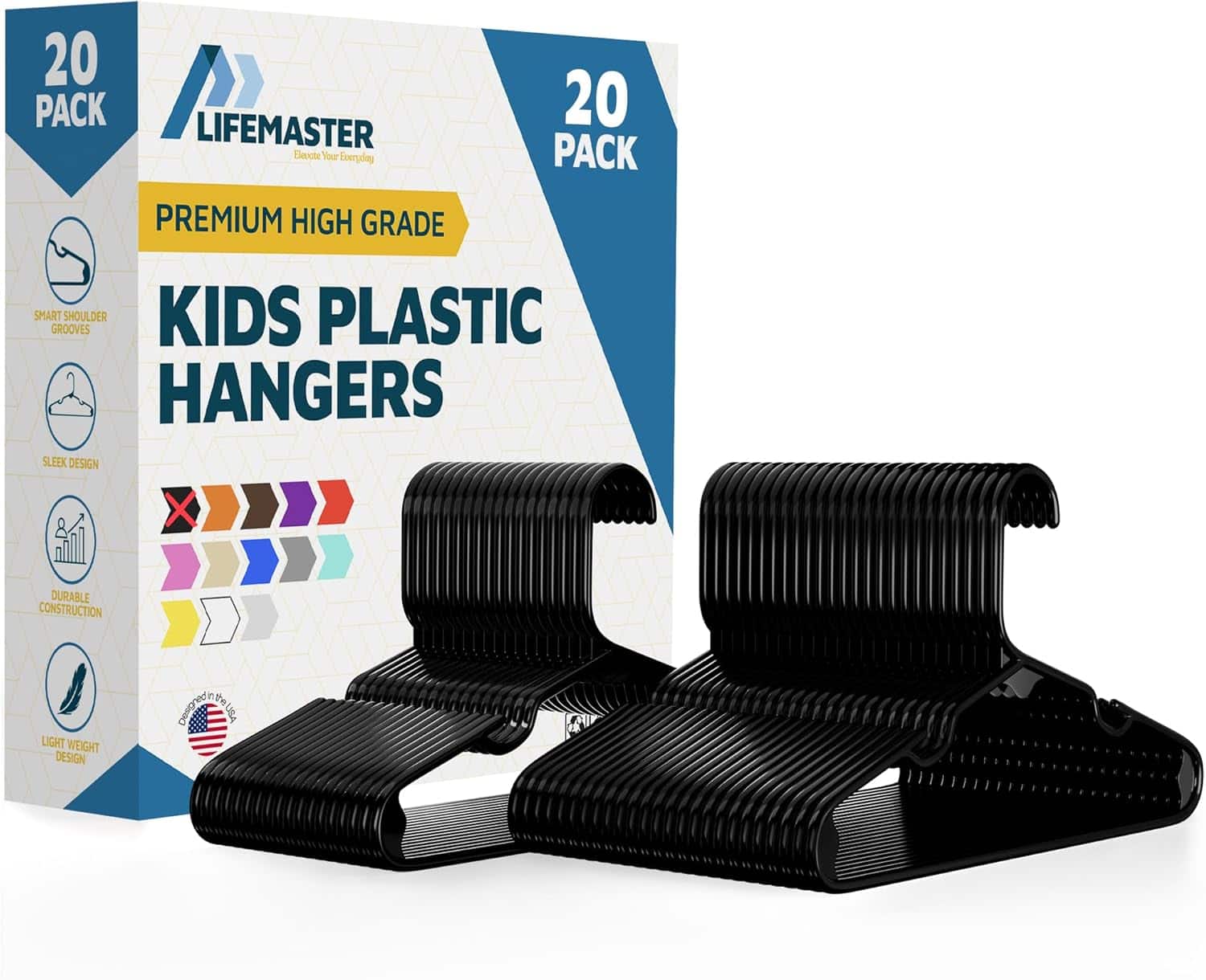 Lifemaster - Kids Clothes Hangers – 20-Pack, 11.6" Plastic Hangers with Shoulder Notch, Space-Saving, Holds 5 lbs - Black