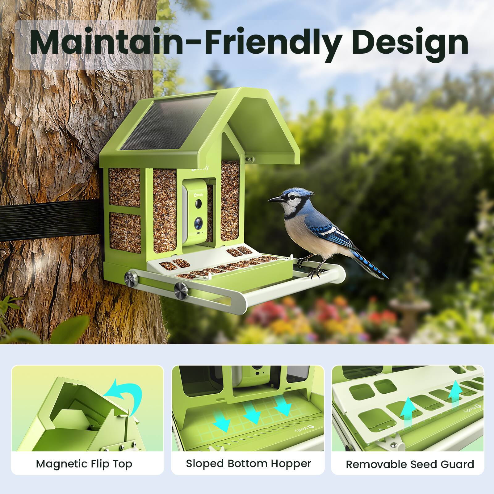 Maintain-Friendly Design

- Magnetic Flip Top
- Sloped Bottom Hopper
- Removable Seed Guard