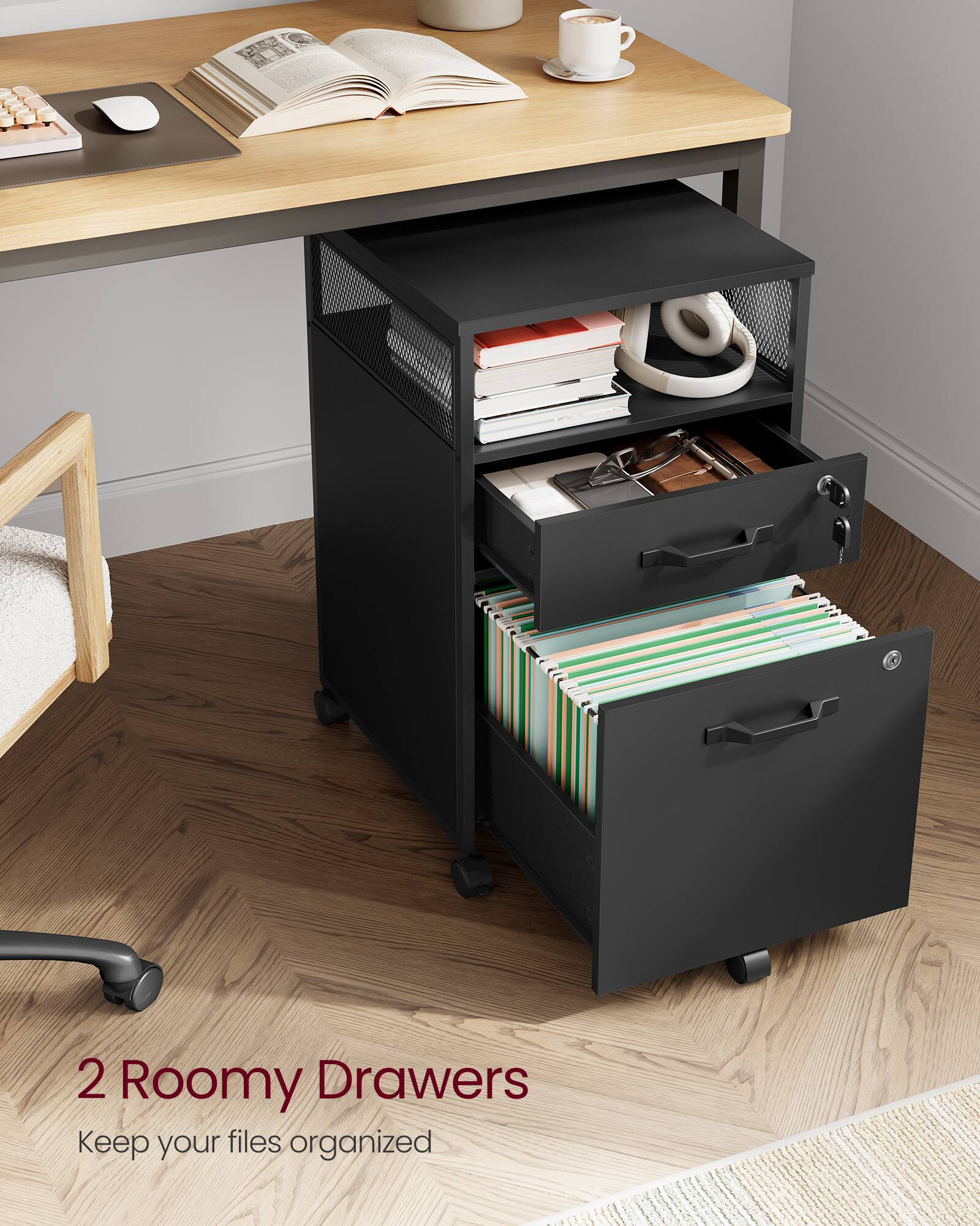 2 Roomy Drawers  
Keep your files organized